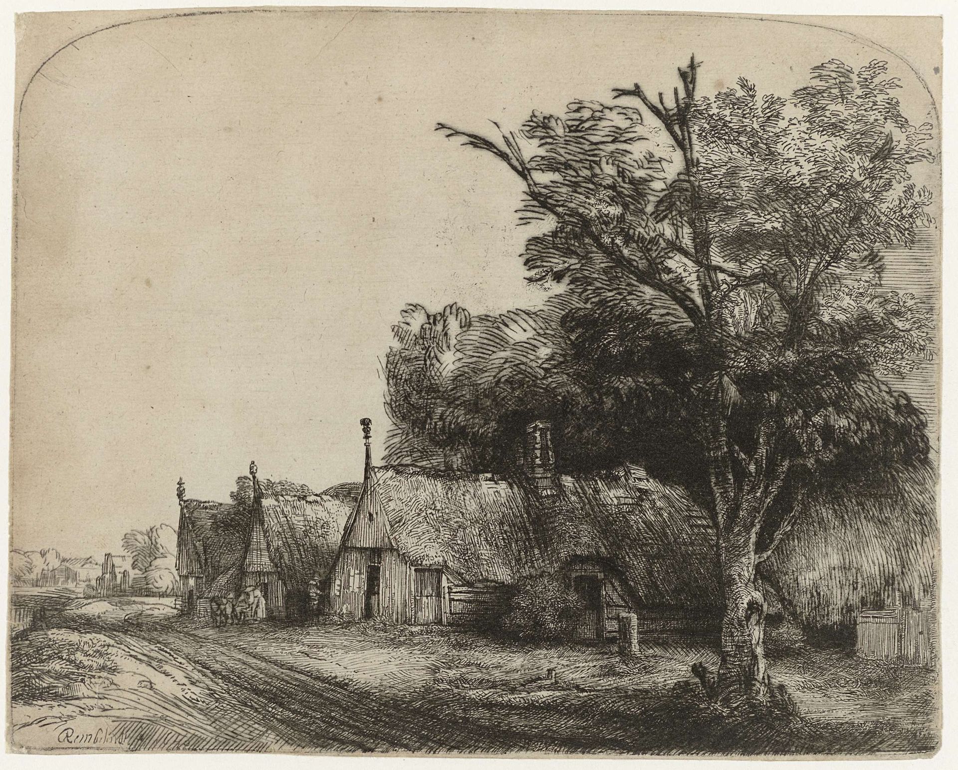 Landscape with Three Cottages along a Road by Rembrandt van Rijn