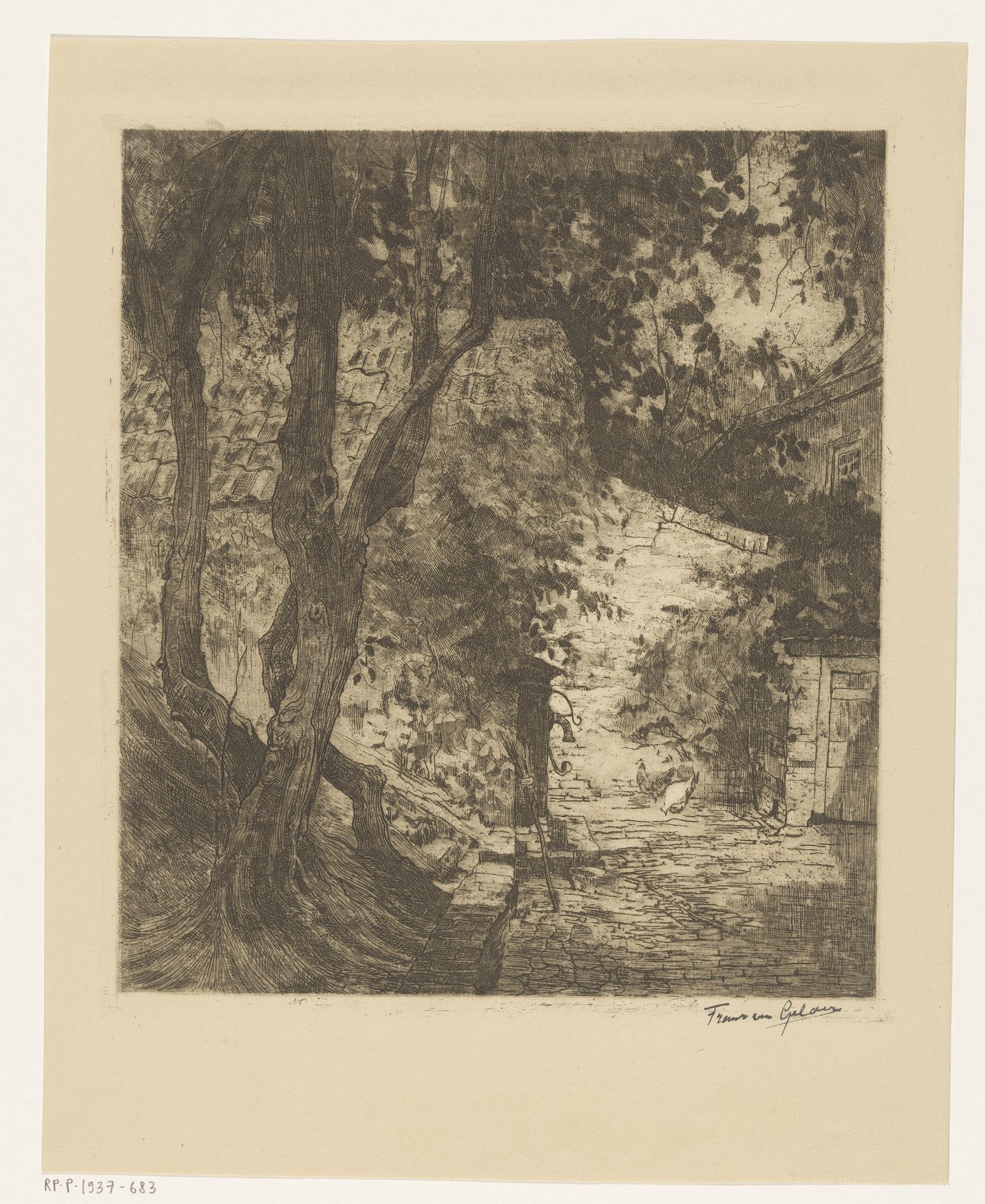 Binnenplaats met bomen, waterpomp en kippen by Franciscus van Gelder