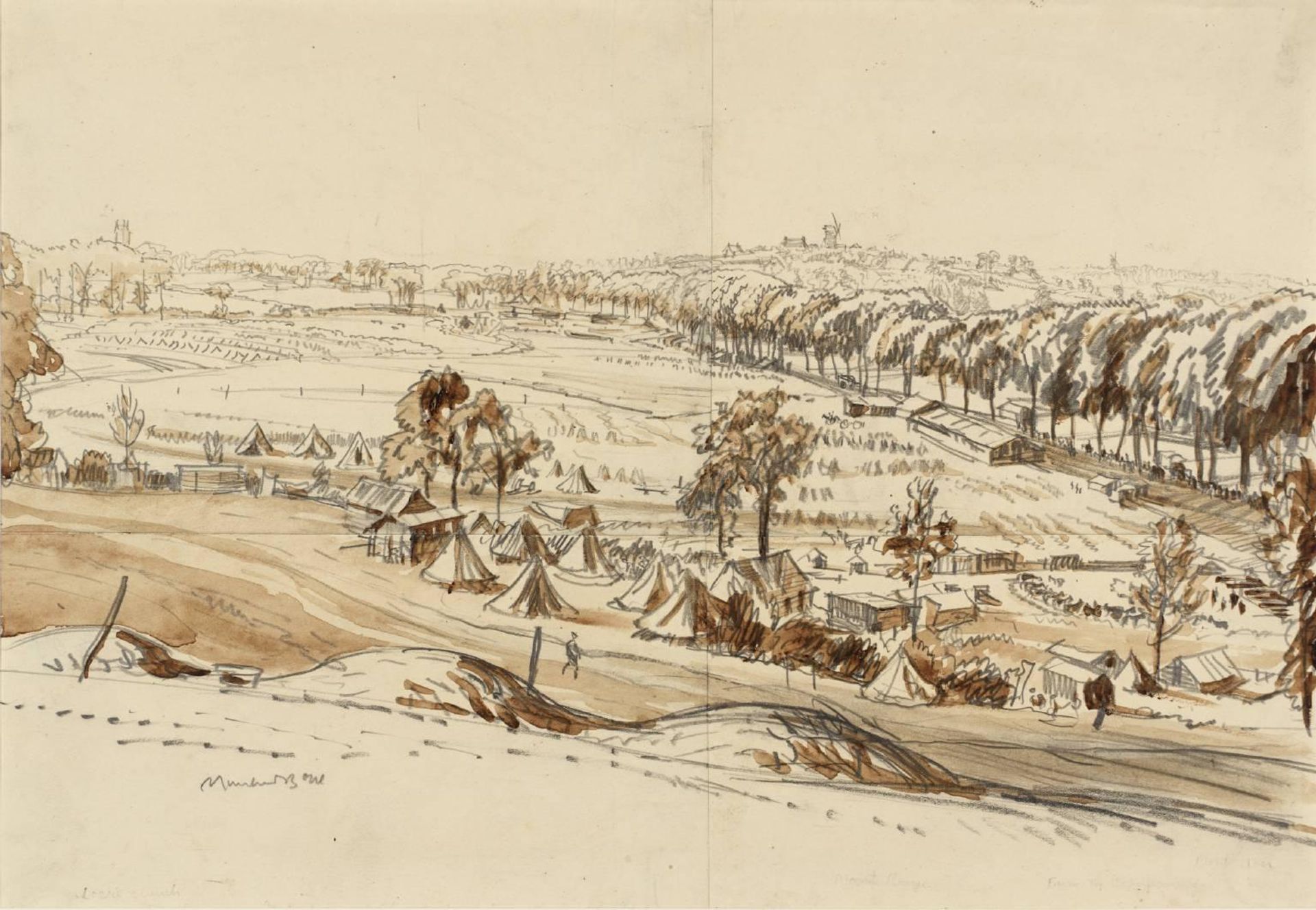 A View in Flanders behind the Lines, Showing Locre and the Tops of Dug-Outs on the Scherpenber by  Sir Muirhead Bone