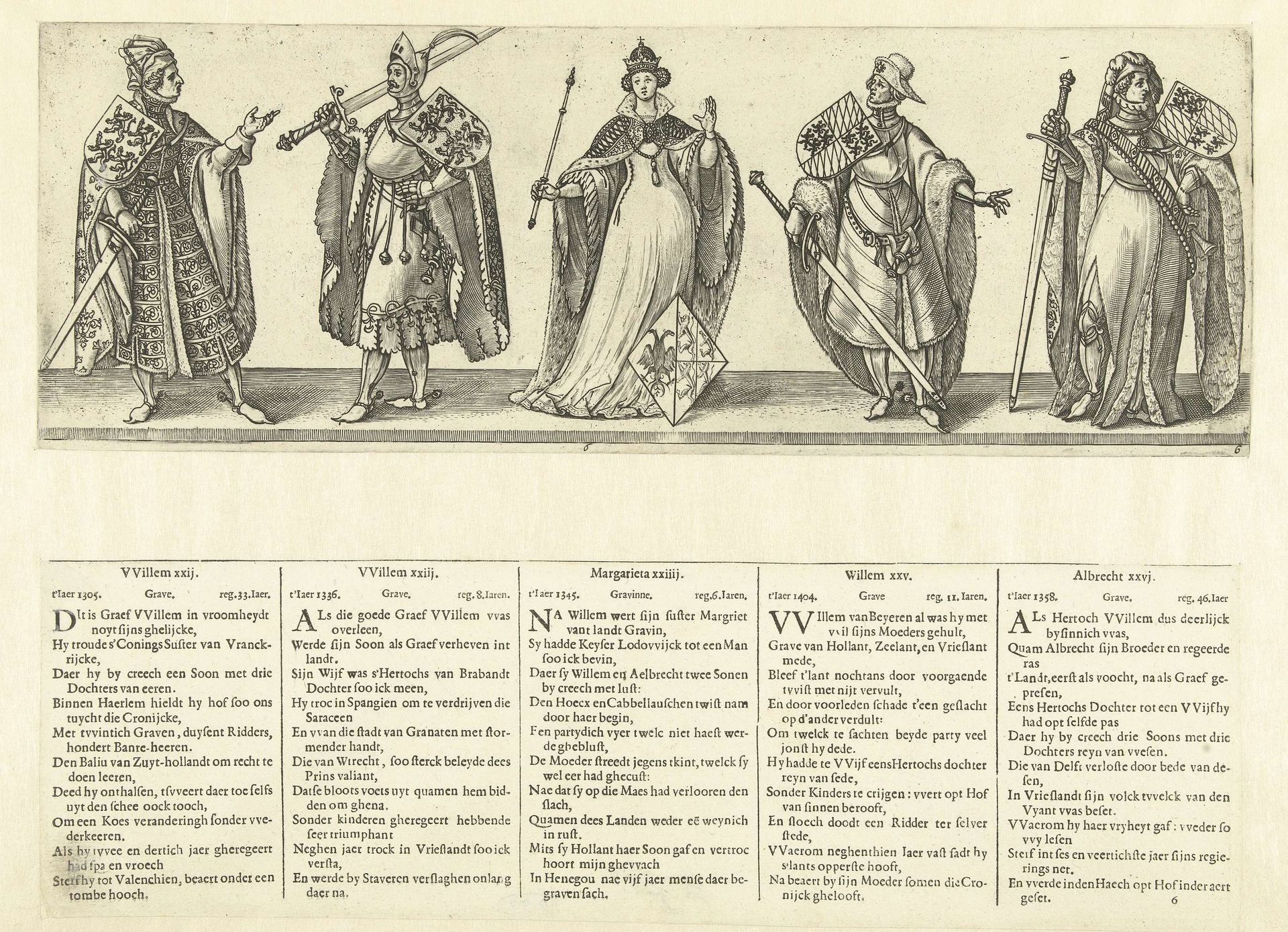 Graven Willem XXII en Willem XXIII, gravin Margaretha XXIV en graven Willem XXV en Albrecht XXVI by Hendrick Goltzius