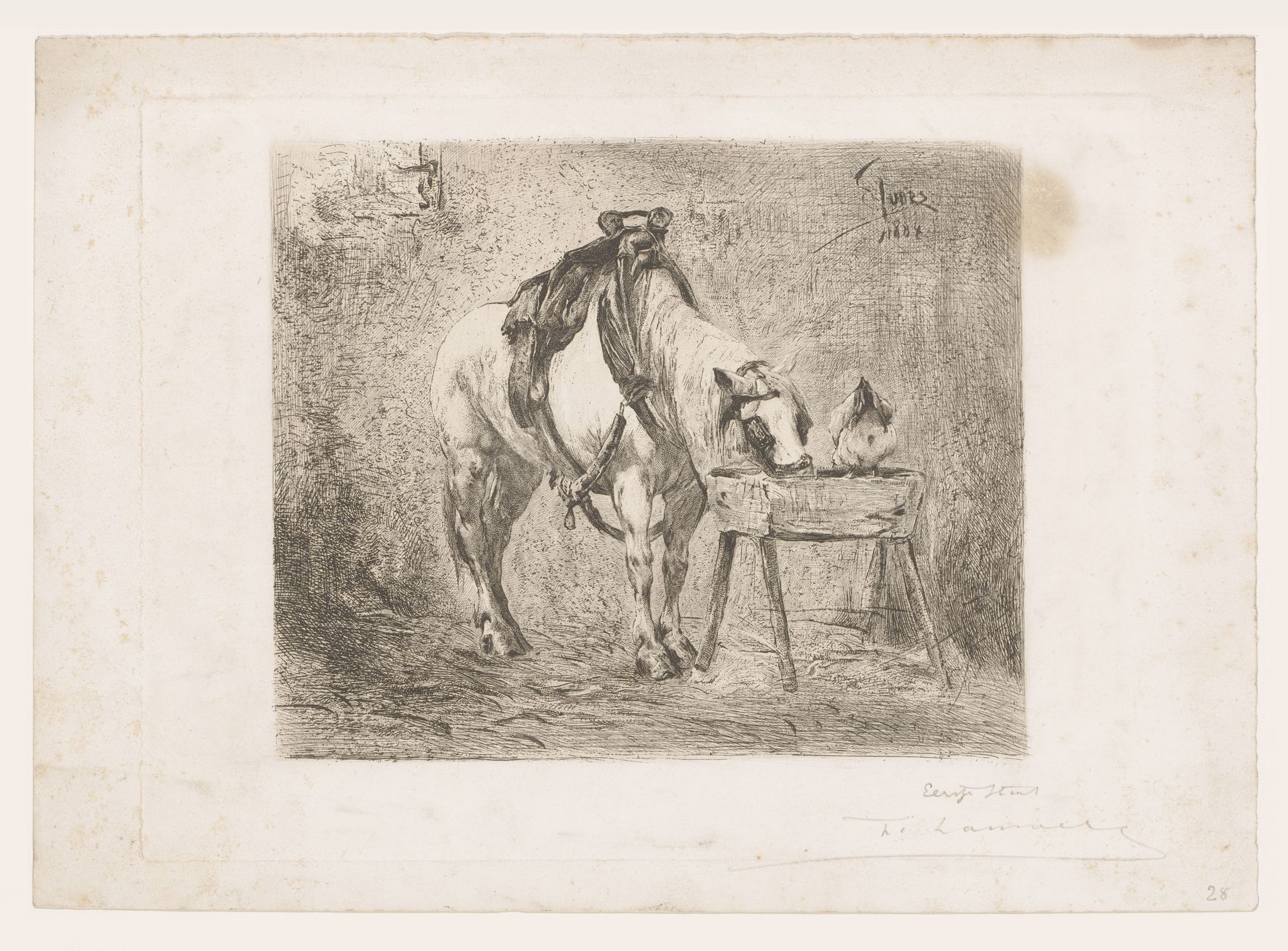 Paard en een kip bij een voerbak by Frans Lauwers