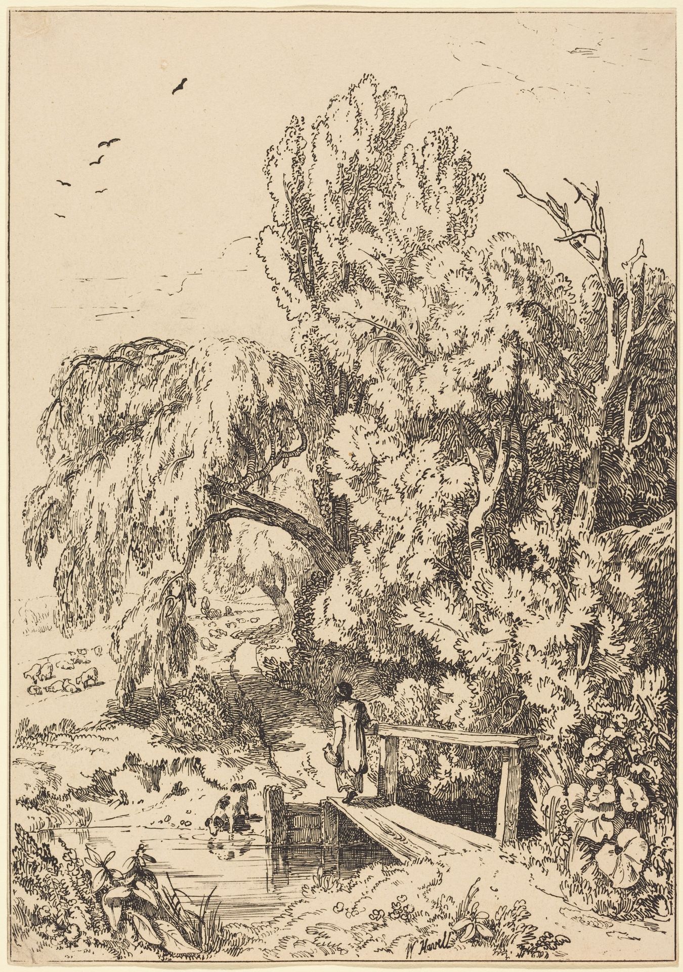 Landscape with Trees, Girl Crossing Footbridge by William Havell