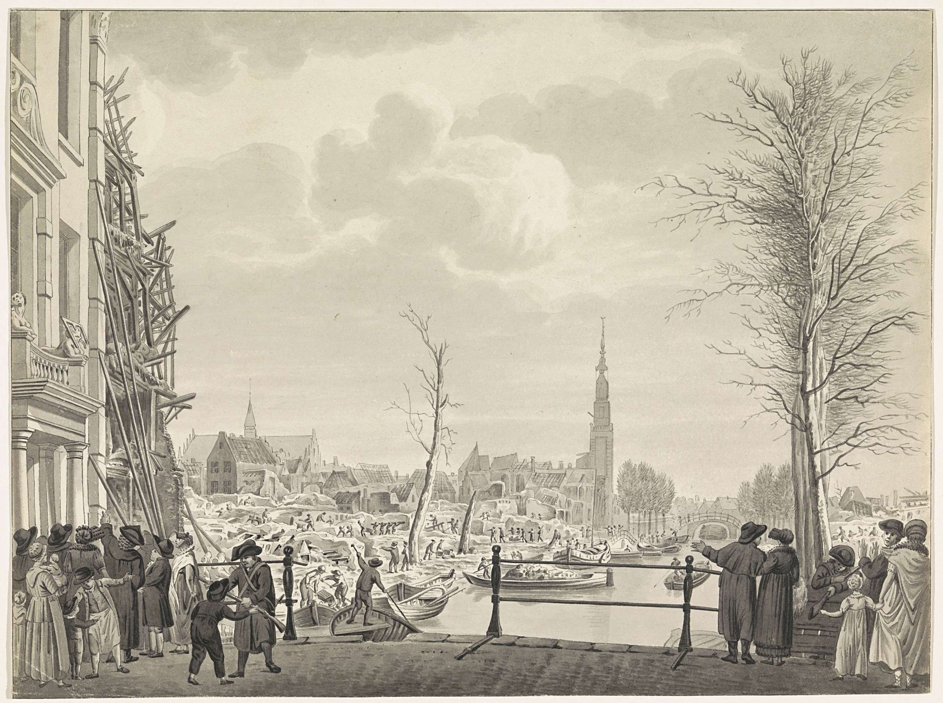 Herstelwerk op het Rapenburg na de ramp, 1807 by Hermanus Numan