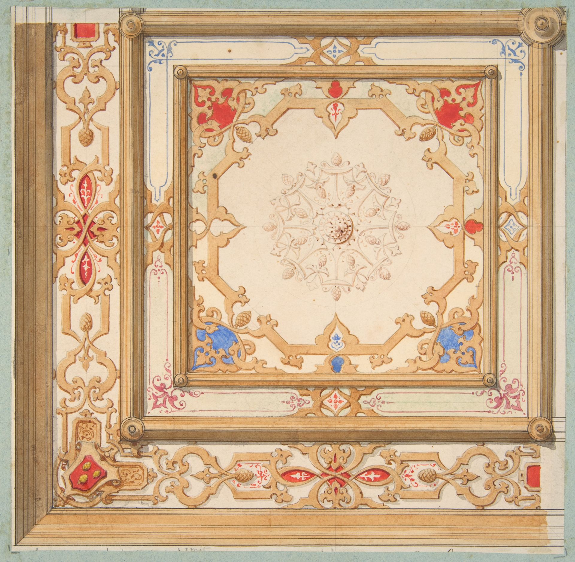 Partial design for a ceiling painted in strapwork and pine cone motifs by Jules-Edmond-Charles Lachaise