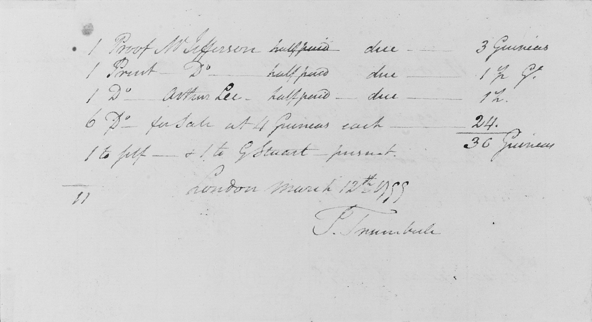 Disposition list for engravings of "The Sortie Made by the Garrison at Gibraltar" by John Trumbull
