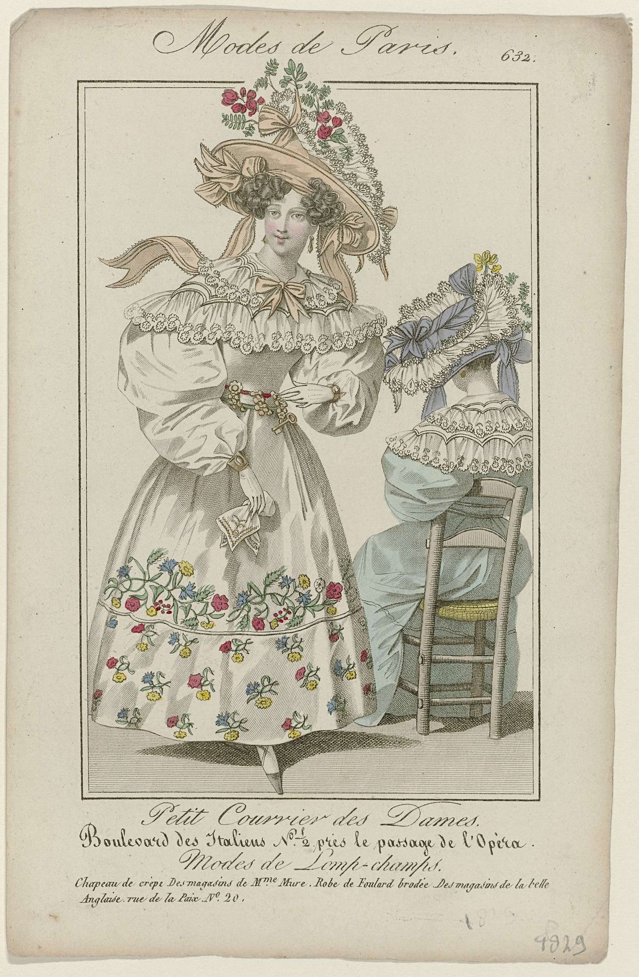 Petit Courrier des Dames, 1829, No. 632 : Chapeau de crèp (...) by Anonymous