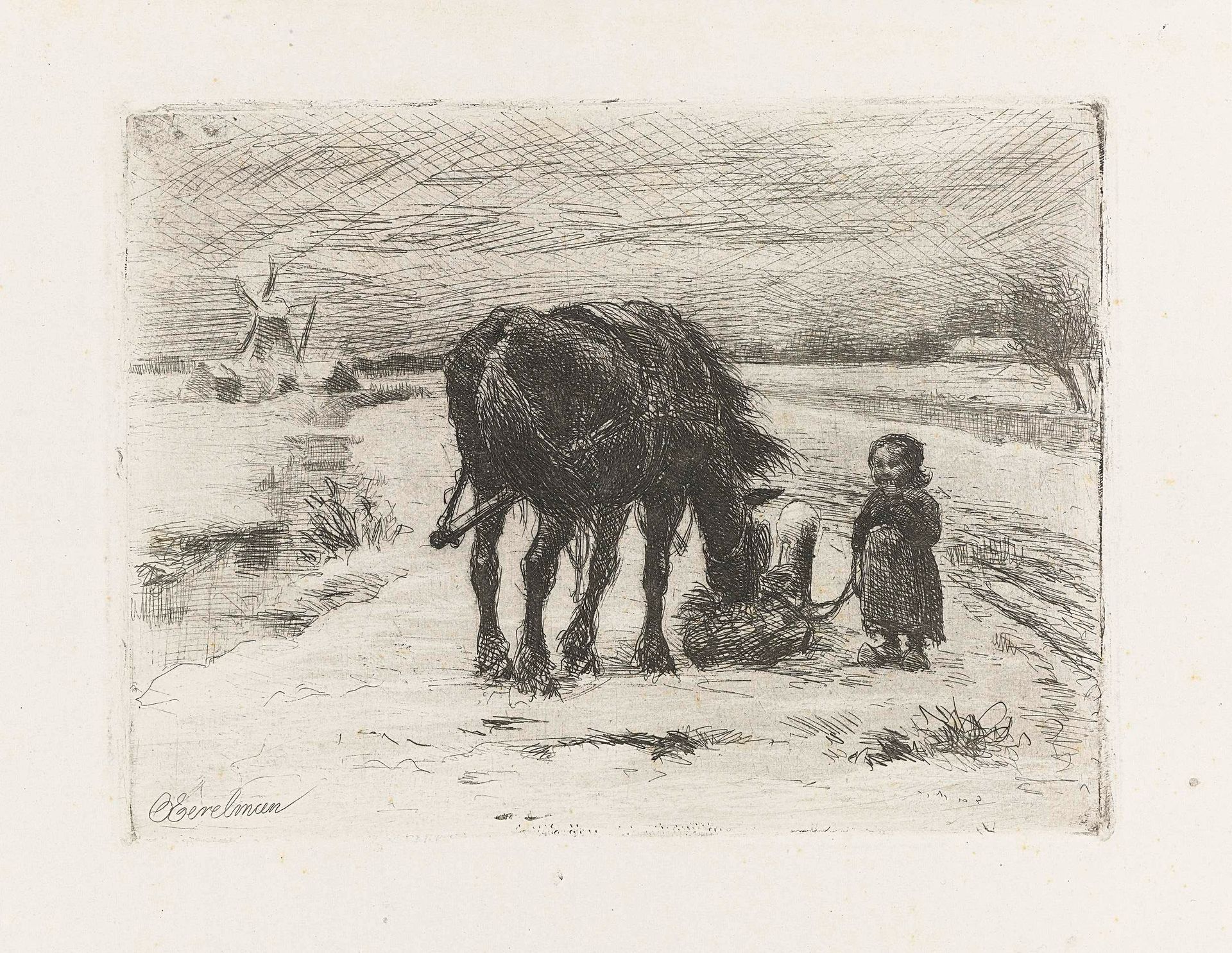 Sneeuwlandschap met kind en paard by Otto Eerelman