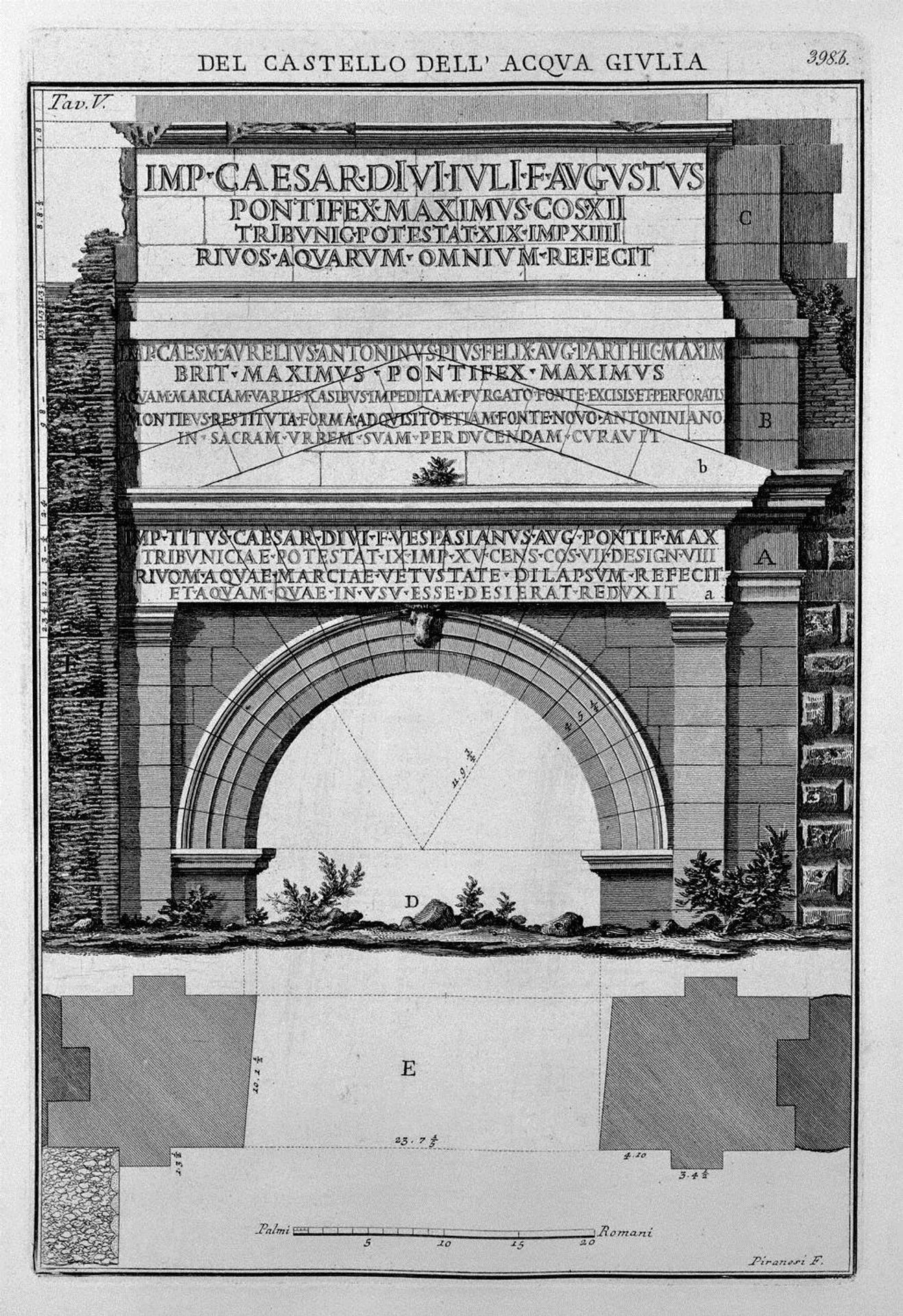 Plan and elevation of the monument of the Waters and Julia Marcia Tepula Porta St. Lorenzo by Giovanni Battista Piranesi