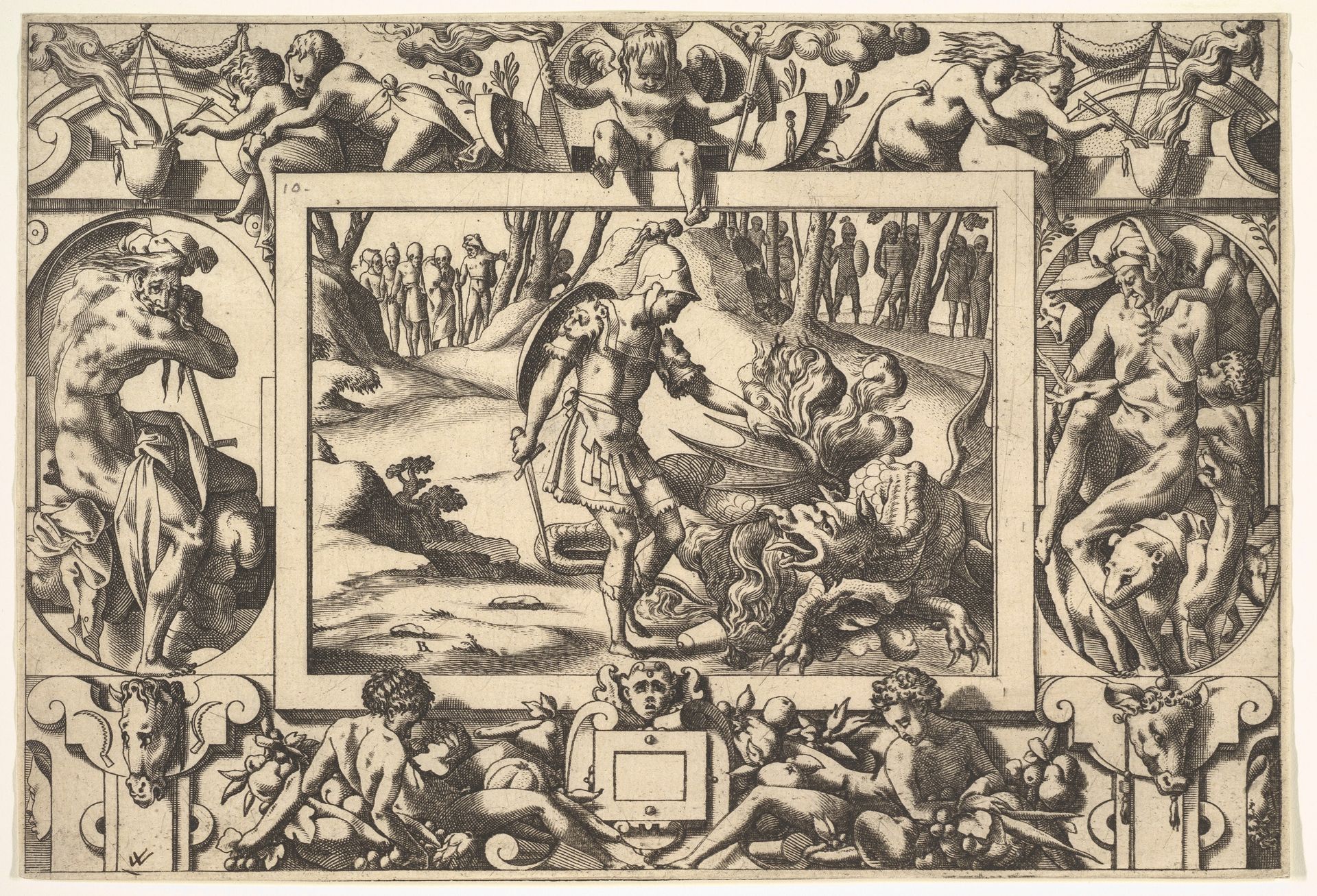 Jason Confronts the Dragon Guarding the Golden Fleece (Par tels assauts Jason va travaillant le fier dragon de nuit et jour veillant...), from "Jason and the Golden Fleece" by René Boyvin