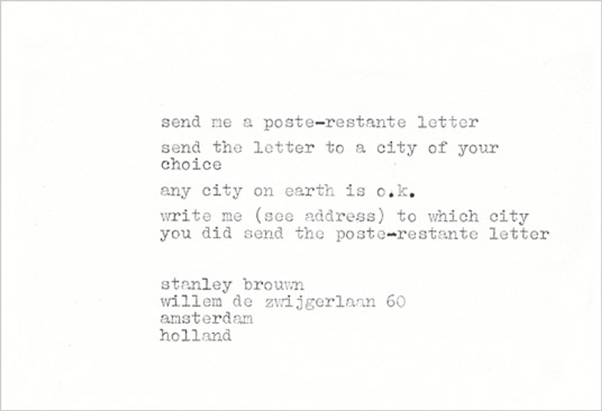 Poste-restante letter by Stanley Brouwn