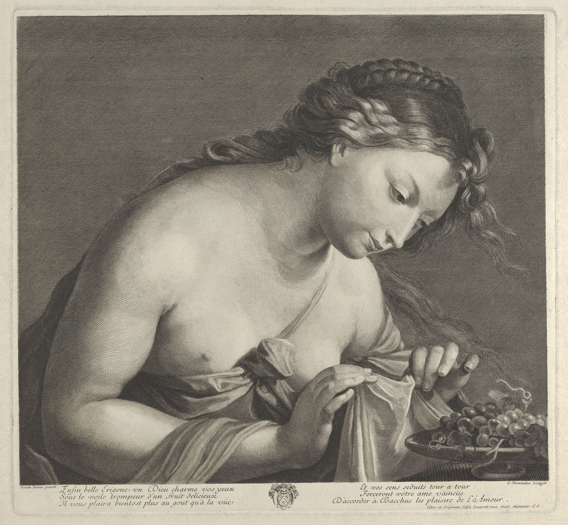 Erigone leaning over a platter of grapes and lifting a piece of cloth with both hands, after Reni by Cornelius Vermeulen