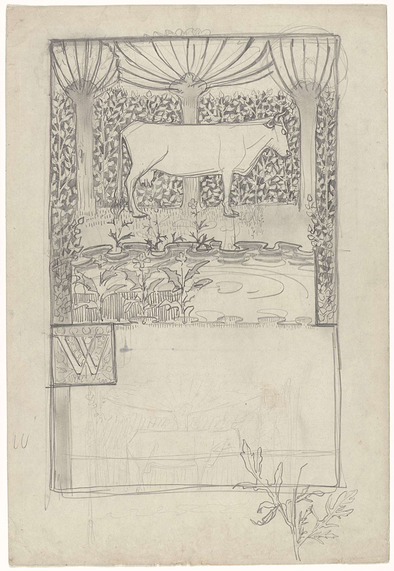 Ontwerp voor een titelblad voor het gedenkboek der Keuzetentoonstelling v. Hollandse schilderkunst: koe staande bij een water voor knotwilgen by Antoon Derkinderen