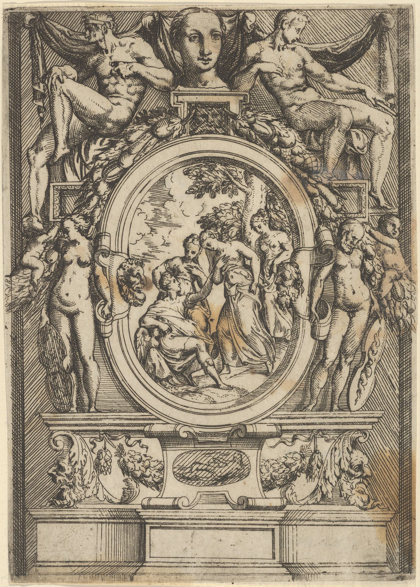 The Judgment of Paris; man seated at left reaches out to a woman who is flanked by two others, set within an elaborate frame by Battista Angolo del Moro