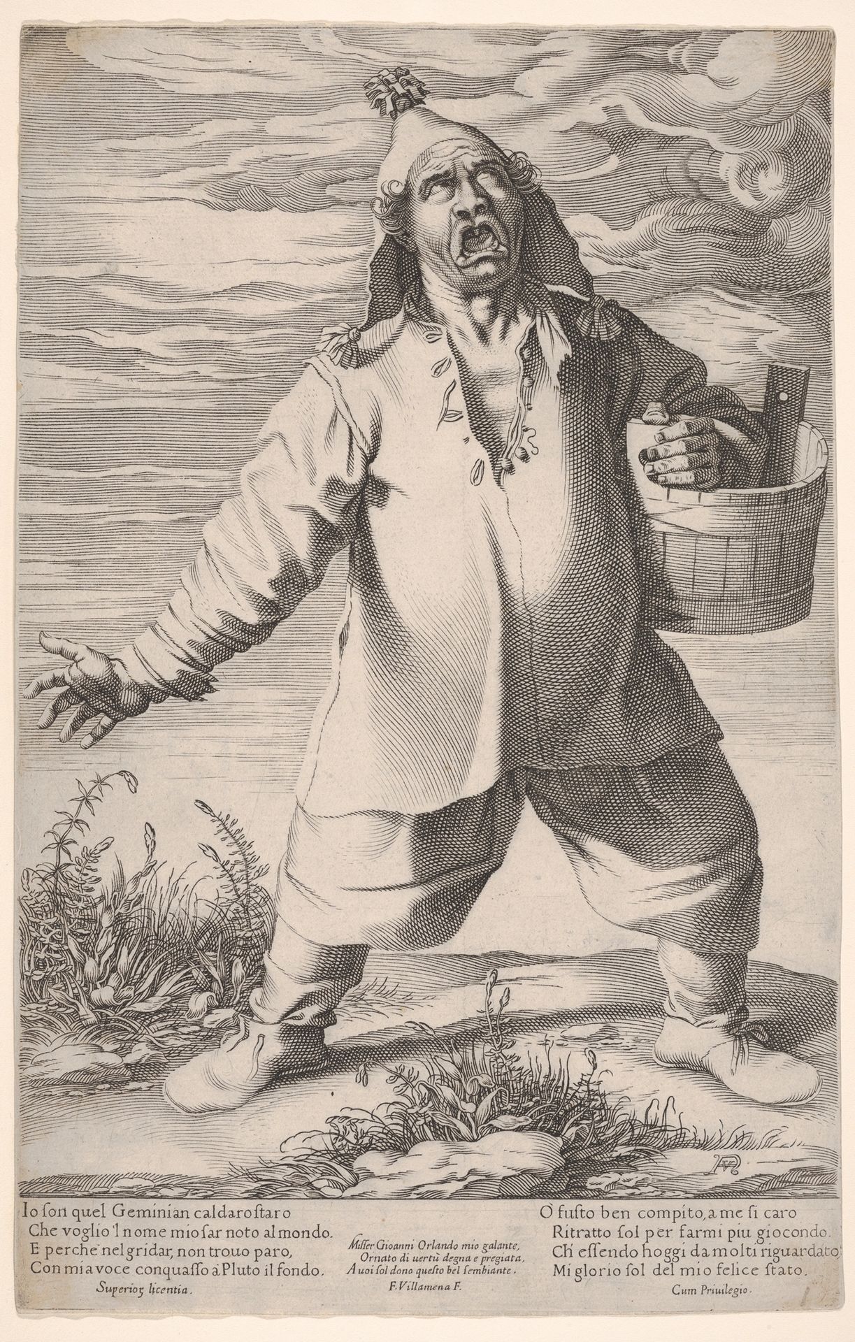 Geminiano Caldarostaro crying out and holding a tub, with a tasseled hat by Francesco Villamena