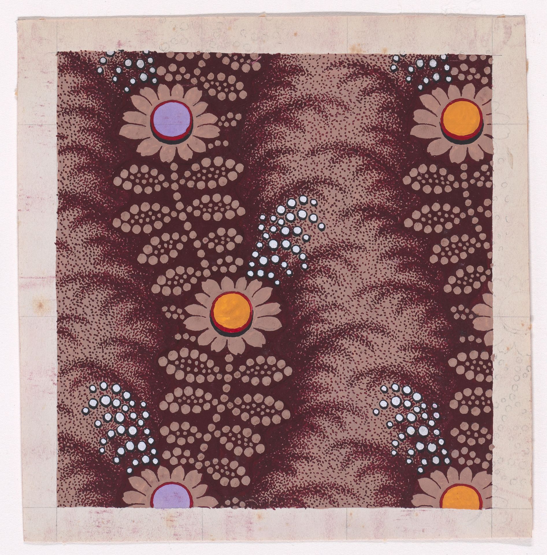 Textile Design with Vertical Undulating Garlands of Stylized Daisies with Pearls and Leaves over a Stippled Background by Anonymous
