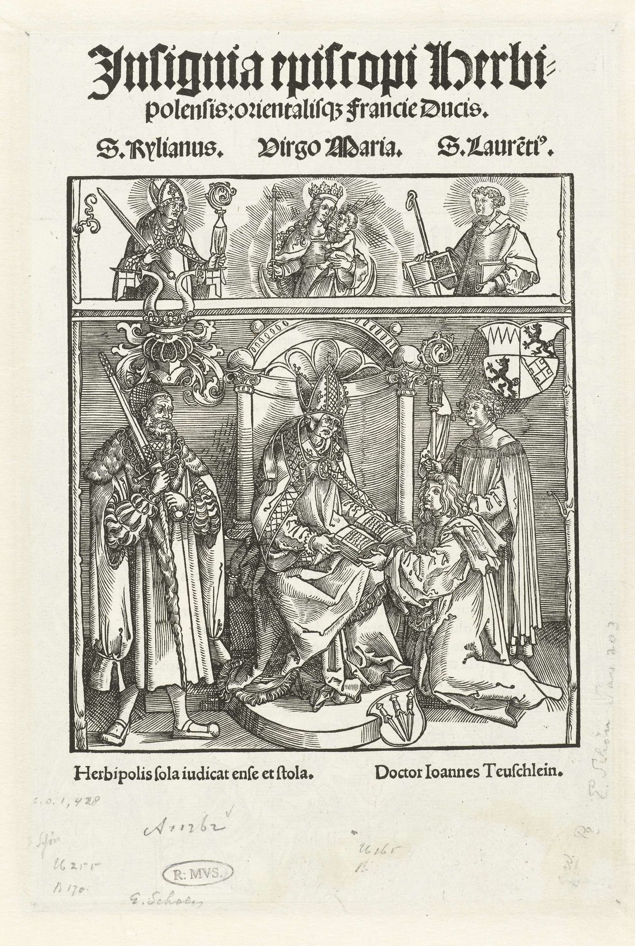 Titelblad met Johannes Teuschlein die zijn boek presenteert aan de bisschop van Würzburg by Erhard Schön