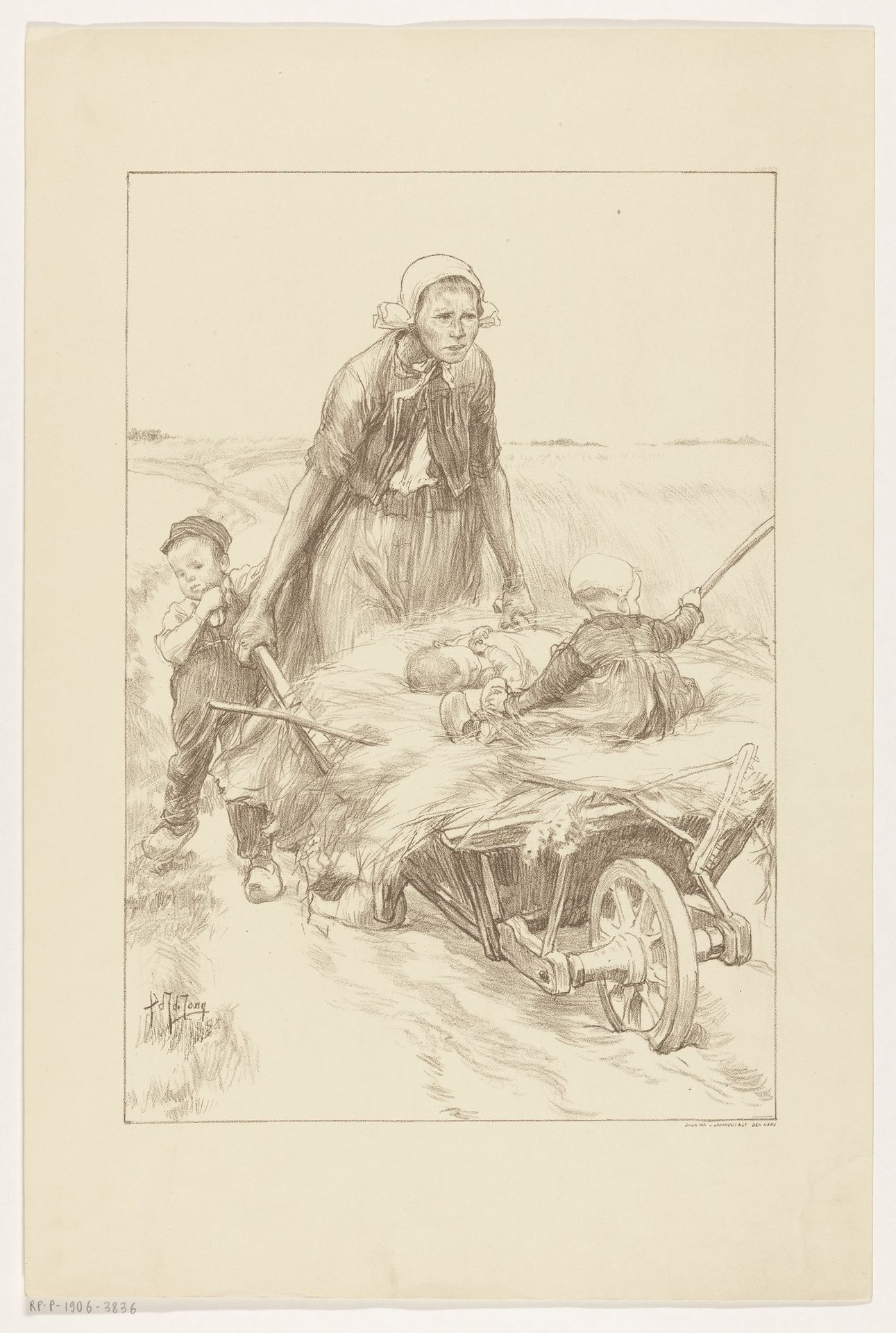 Boerin die een kruiwagen met hooi en twee kinderen duwt by Pieter de Josselin de Jong