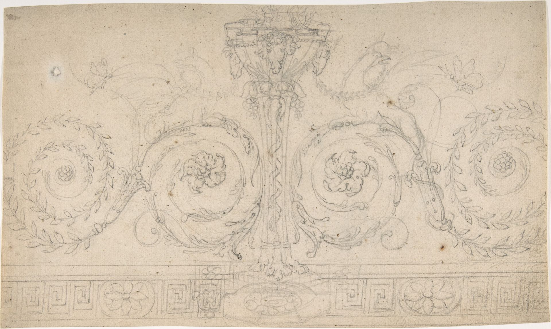 Ornament with Claw-footed Urn, Lynxes, Butterflies and Foliage above a Greek Meander by Anonymous