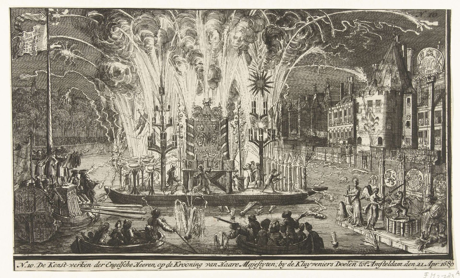 Vuurwerk bij de Kloveniersdoelen bij de kroning van Willem III, 1689 by Romeyn de Hooghe