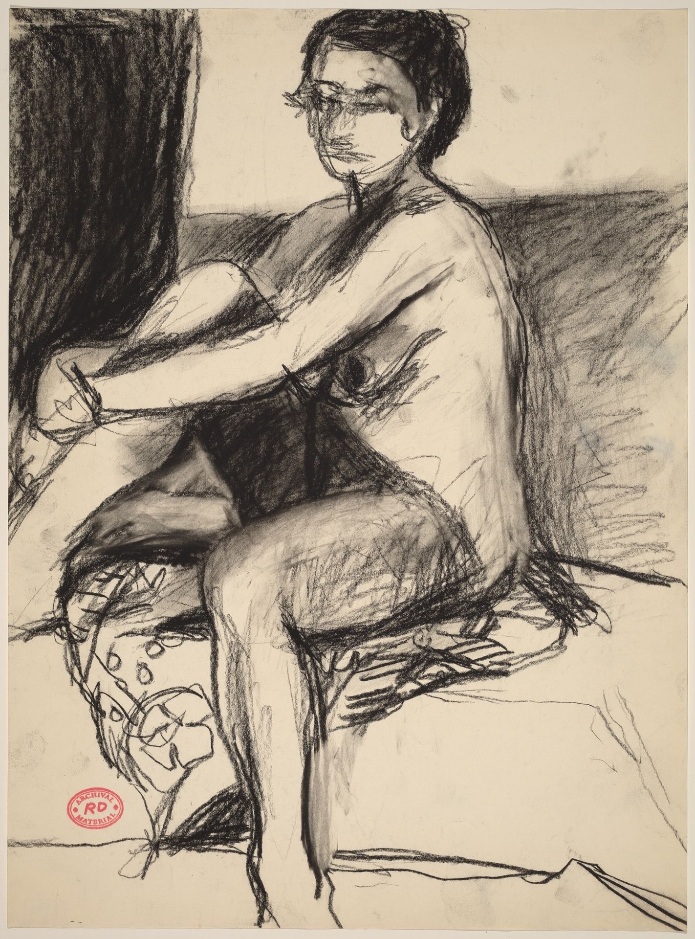 Untitled [female nude seated on a patterned fabric] by Richard Diebenkorn
