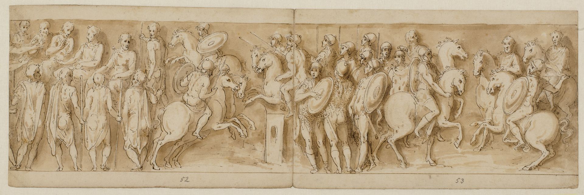 Sarmatians before the imperial council (end of LXII, beginning of LXIII); surrounded by guards, Marcus Aurelius and Pompeius on horseback watch a skirmish (XC); German nobles bringing a message (up to the middle of XCI) by Giovanni Guerra