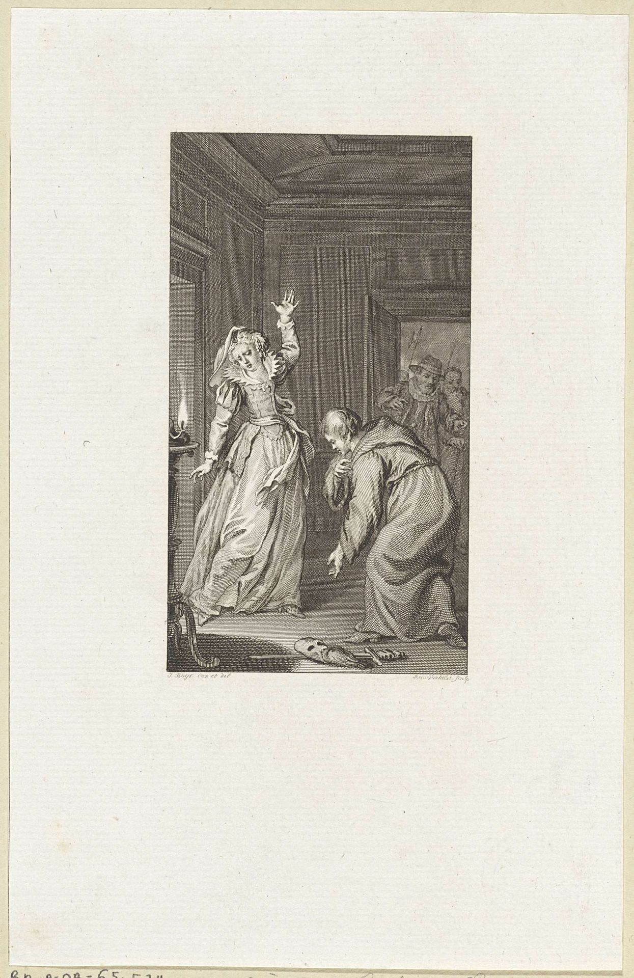 Man in een monnikspij buigt voor een vrouw by Reinier Vinkeles