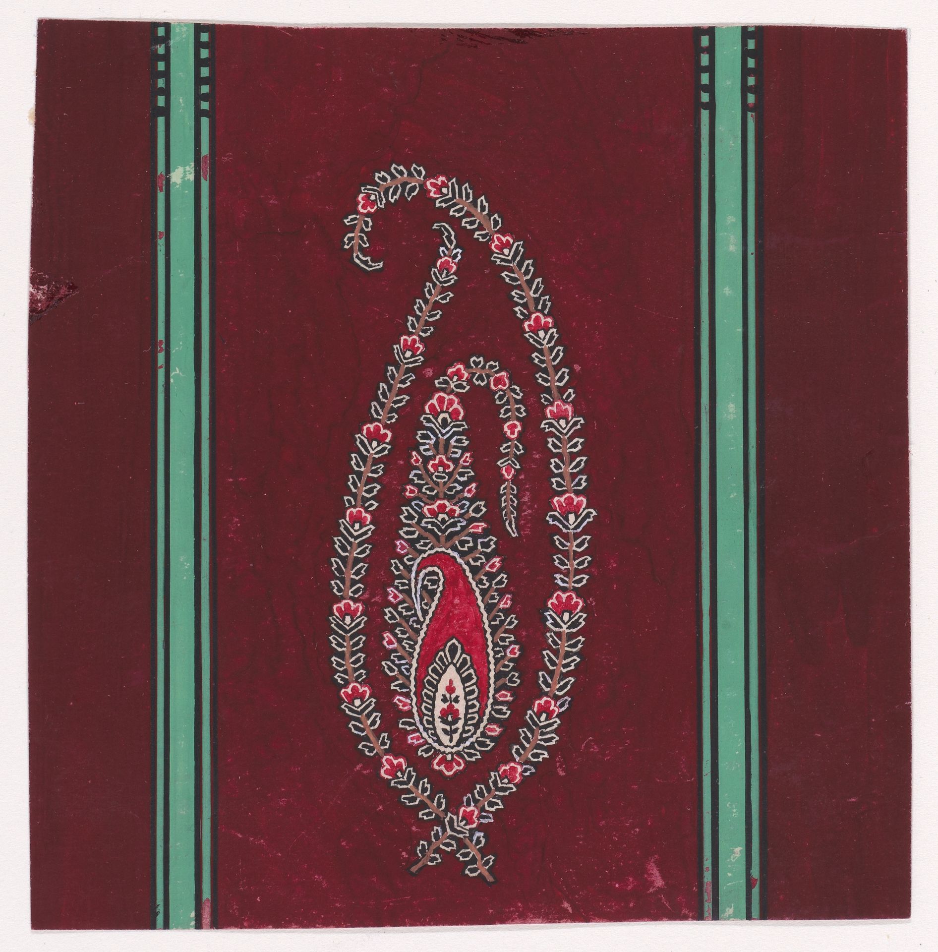 Textile Design with a Paisley Motif Decorated with Branches with Small Stylized Flowers and Leaves Framed by Two Vertical Stripes by Anonymous