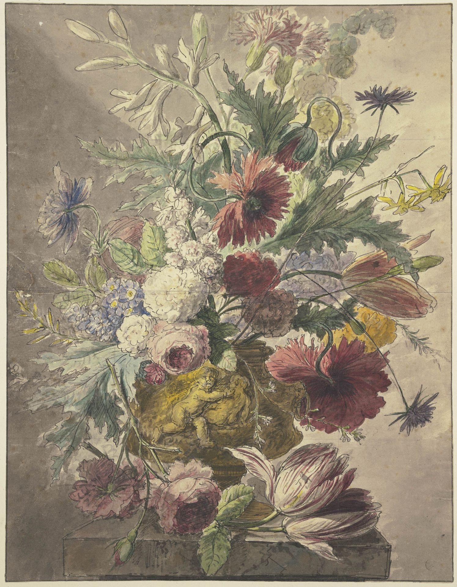 Blumenstrauß in einer Vase mit Basrelief, vorne liegt eine Rose und eine Tulpe by J. H. van Loon