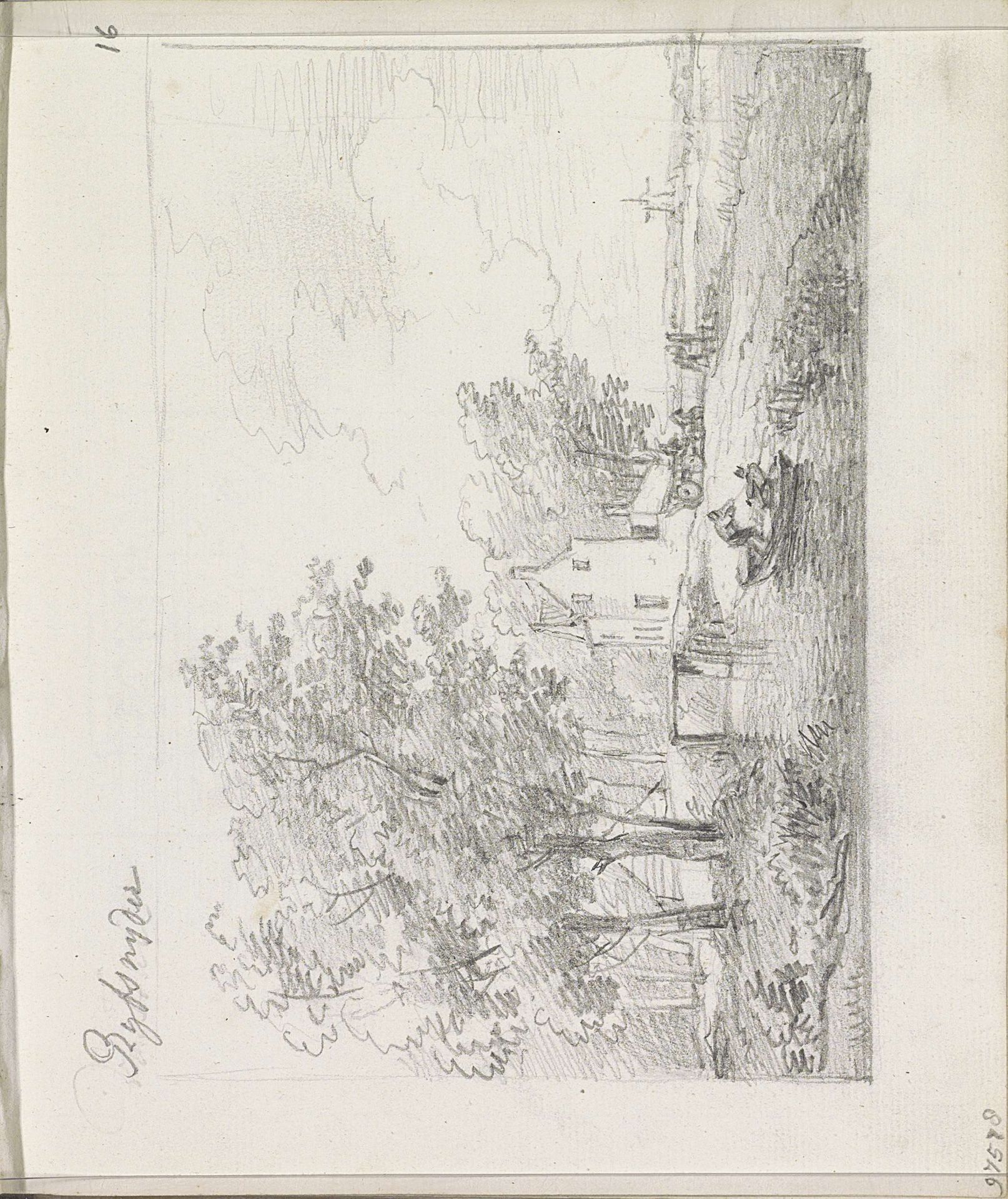 Landschap met figuren in een roeiboot bij een brug by Andreas Schelfhout