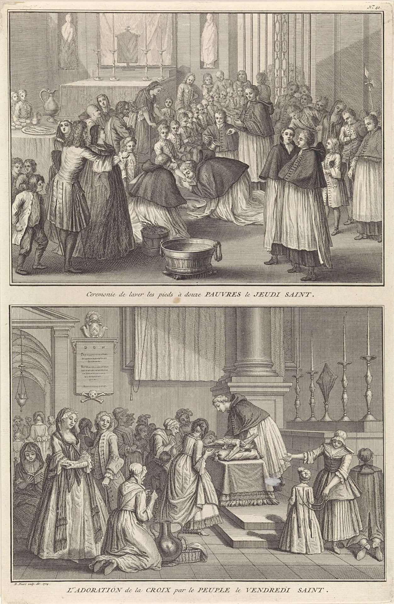 Voetwassing op Witte Donderdag en de aanbidding van het kruis op Goede Vrijdag by Bernard Picart