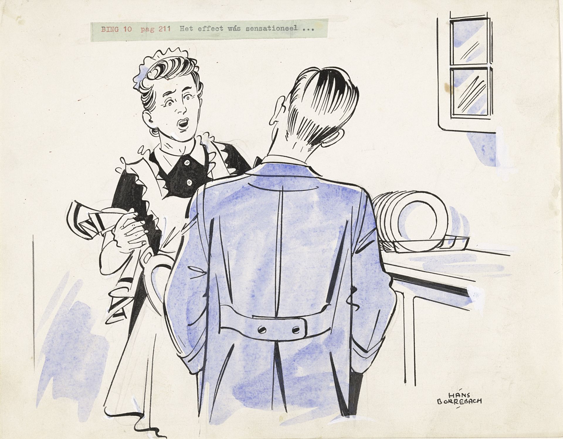 Piet Bing staat voor een werkster in een keuken by Hans Borrebach