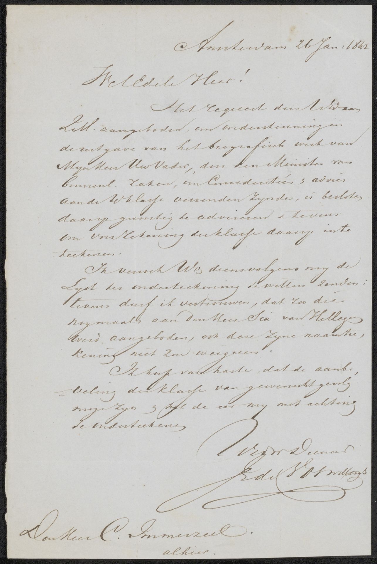 Brief aan Christiaan Immerzeel by Jacob de Vos Willemsz.