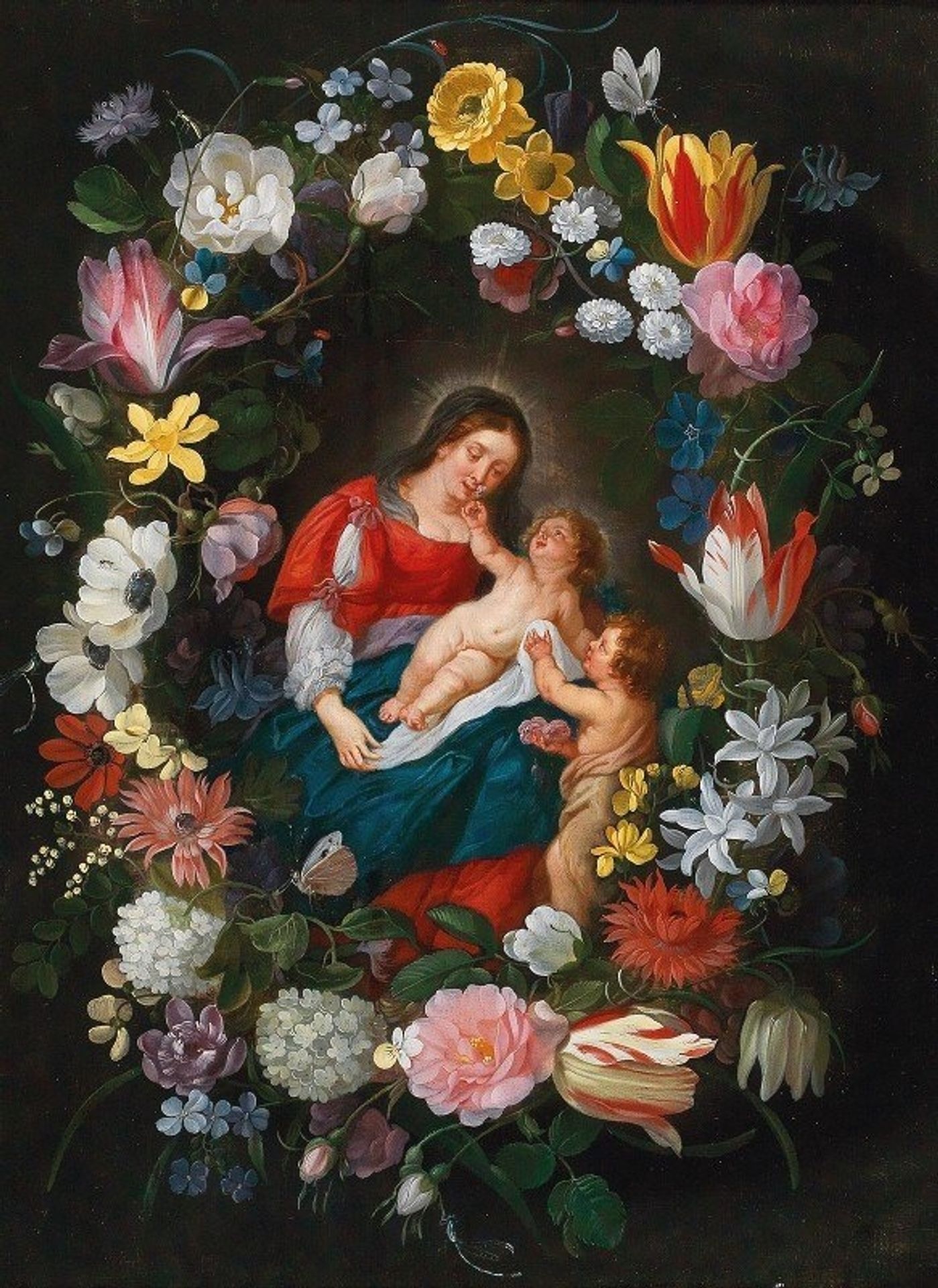 The Virgin and Child with the Infant Saint John the Baptist surrounded by a garland of flowers by Jan Brueghel the Younger