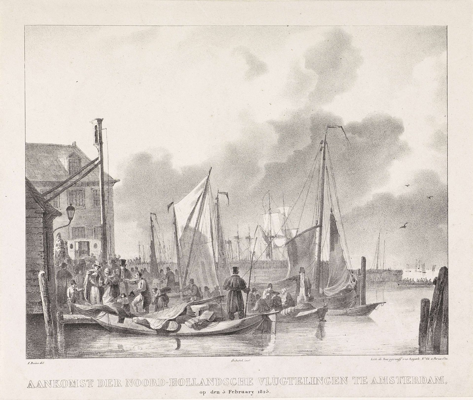 Aankomst in Amsterdam van vluchtelingen voor de watersnood, 1825 by Alexandre Joseph Boens