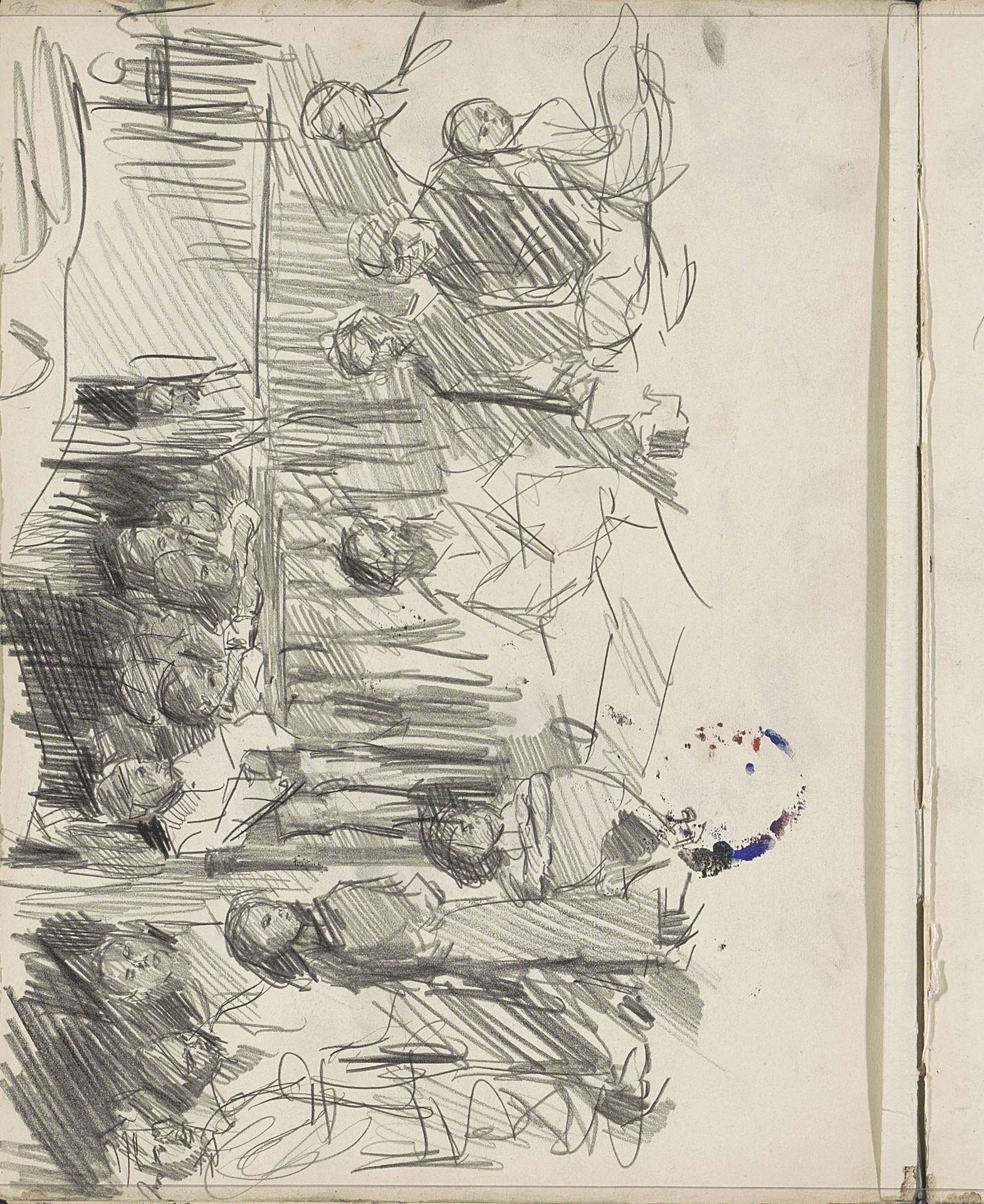 Toeschouwers bij zittende figuren, mogelijk dansers by Isaac Israels