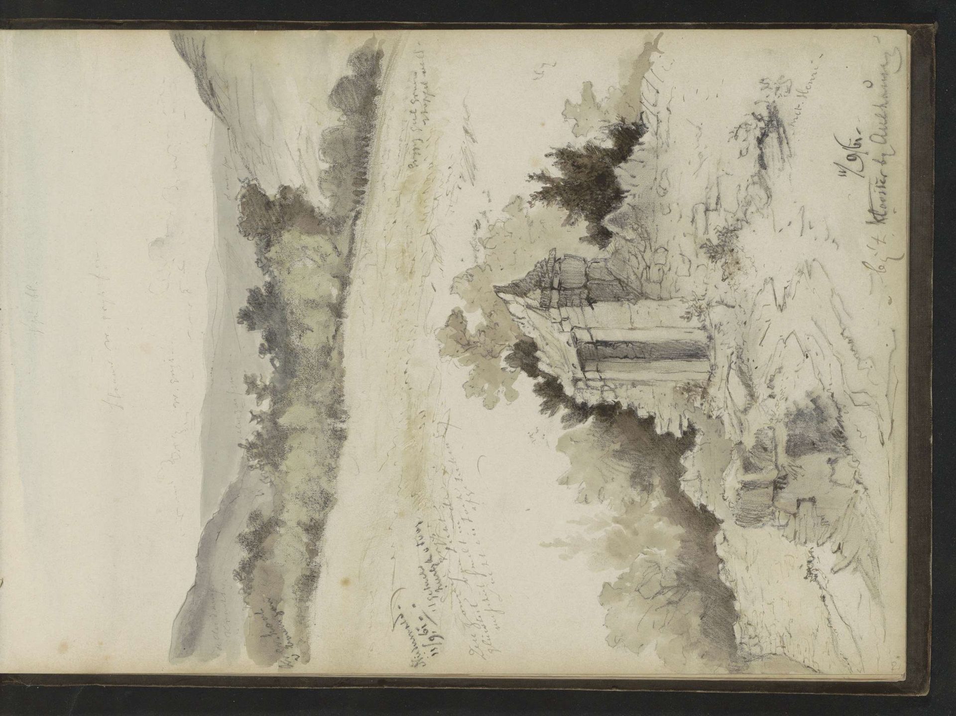 Gezicht op Niederwald en een ruïne van een klooster bij Aulhausen by Johannes Tavenraat