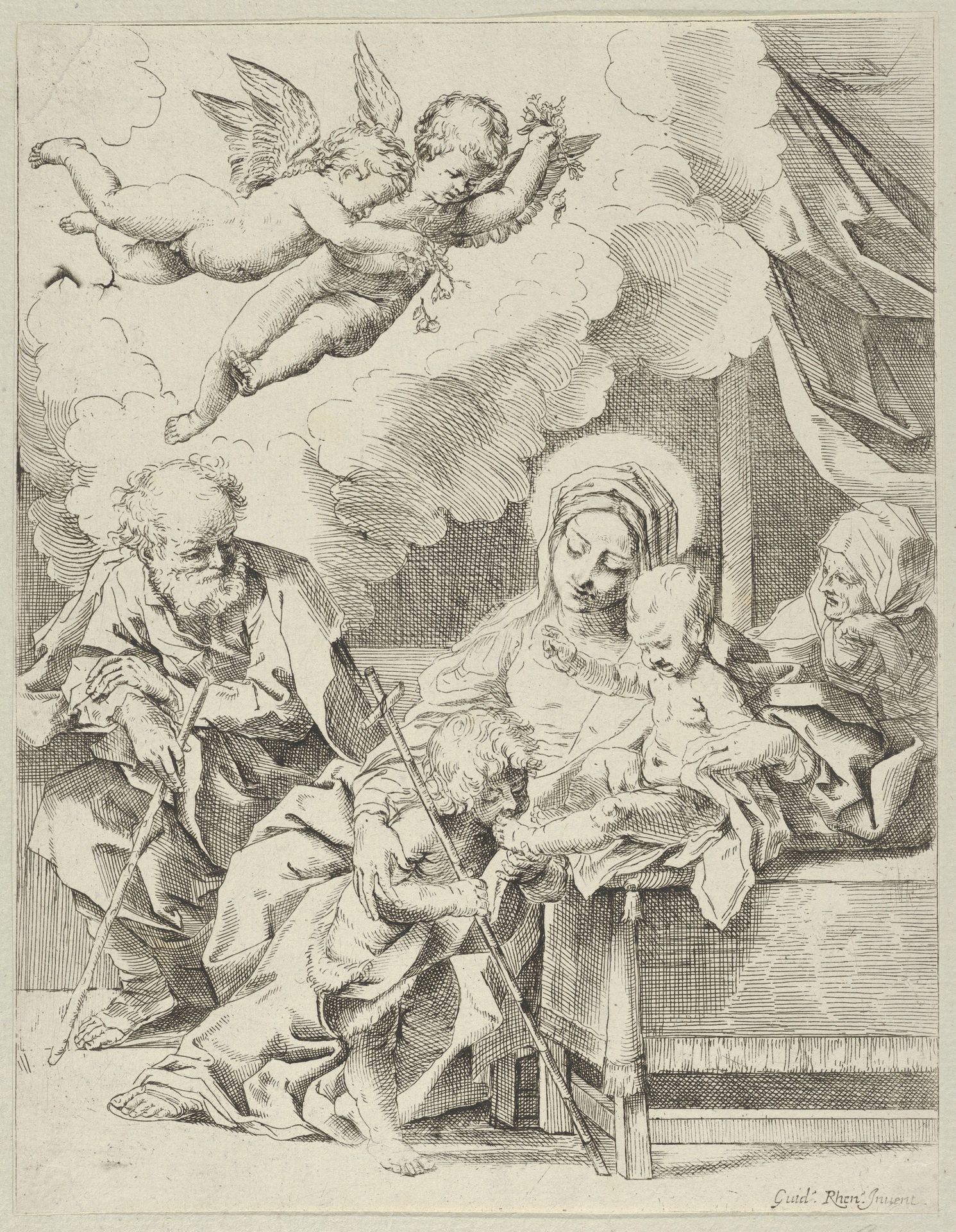 The Holy Family with young John the Baptist and Saint Elizabeth, two angels above, after Reni by Anonymous