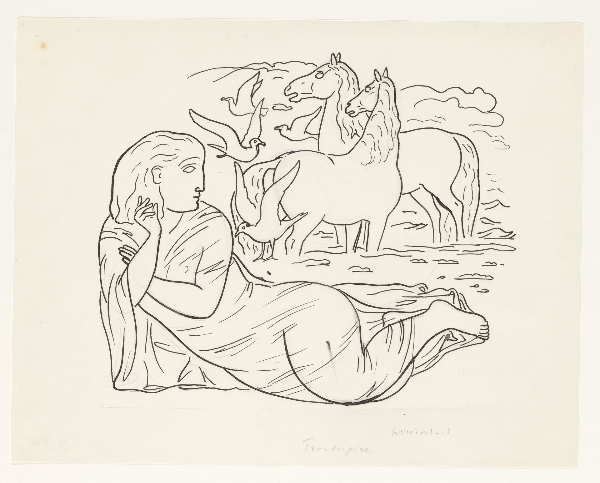 Vrouw liggend aan het strand met twee paarden en enkele zeemeeuwen by Leo Gestel