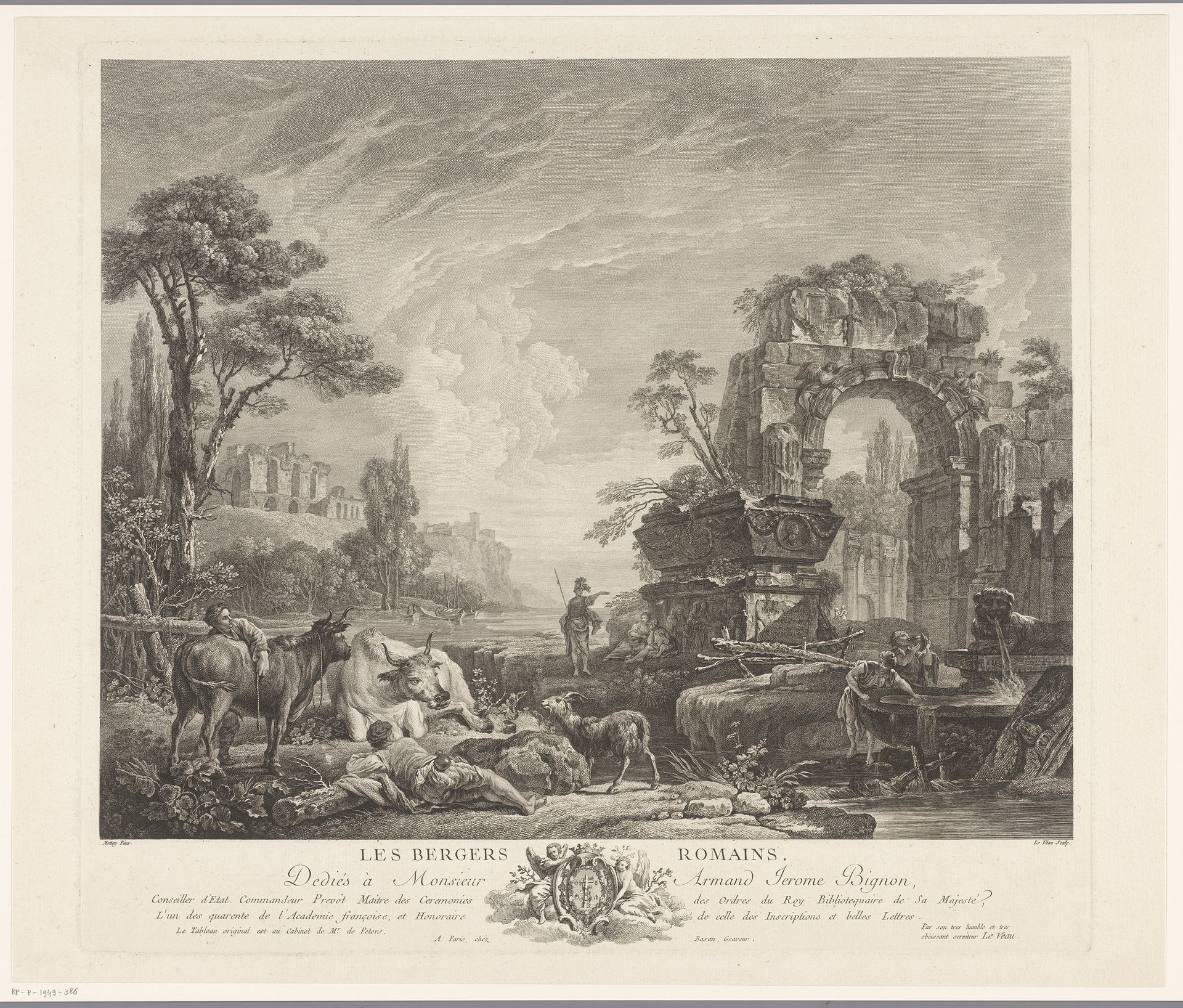 Herders en reizigers bij een fontein in een landschap met ruïnes by Jean Jacques Le Veau