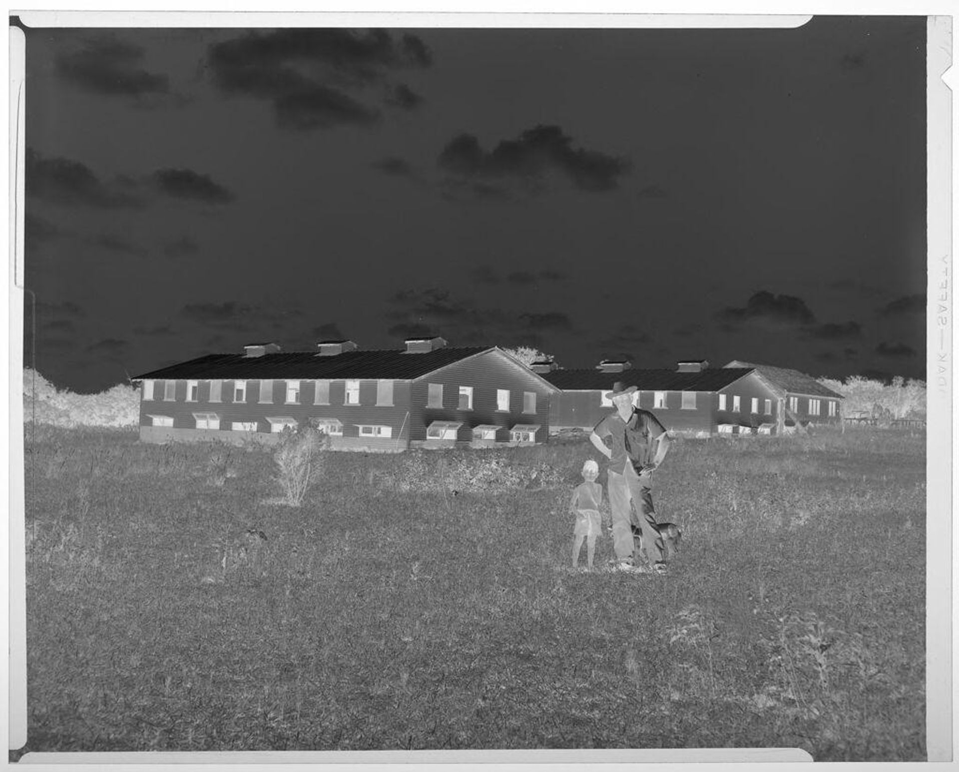Untitled (man with boy and dog standing in field outside buildings, Armo Mills Broiler operations) by Harry Annas