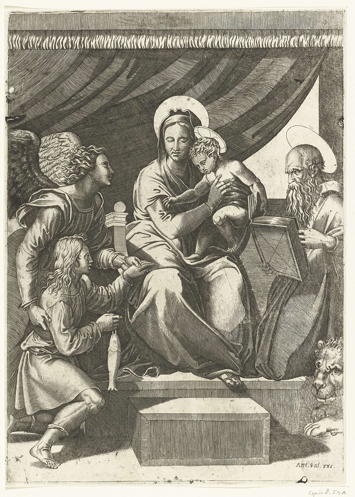 Maria met kind geflankeerd door aartsengel Michaël met Tobias met vis en heilige Hieronymus by Anonymous