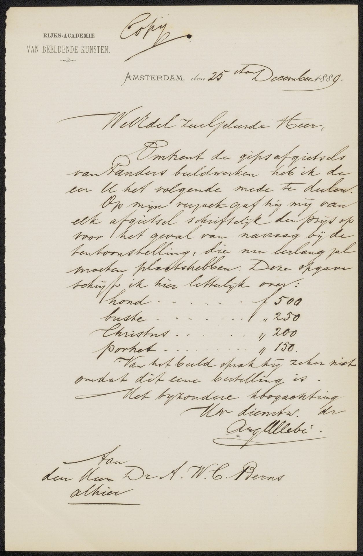 Brief aan Anthonius Wilhelm Cornelis Berns by Rijksakademie van Beeldende Kunsten