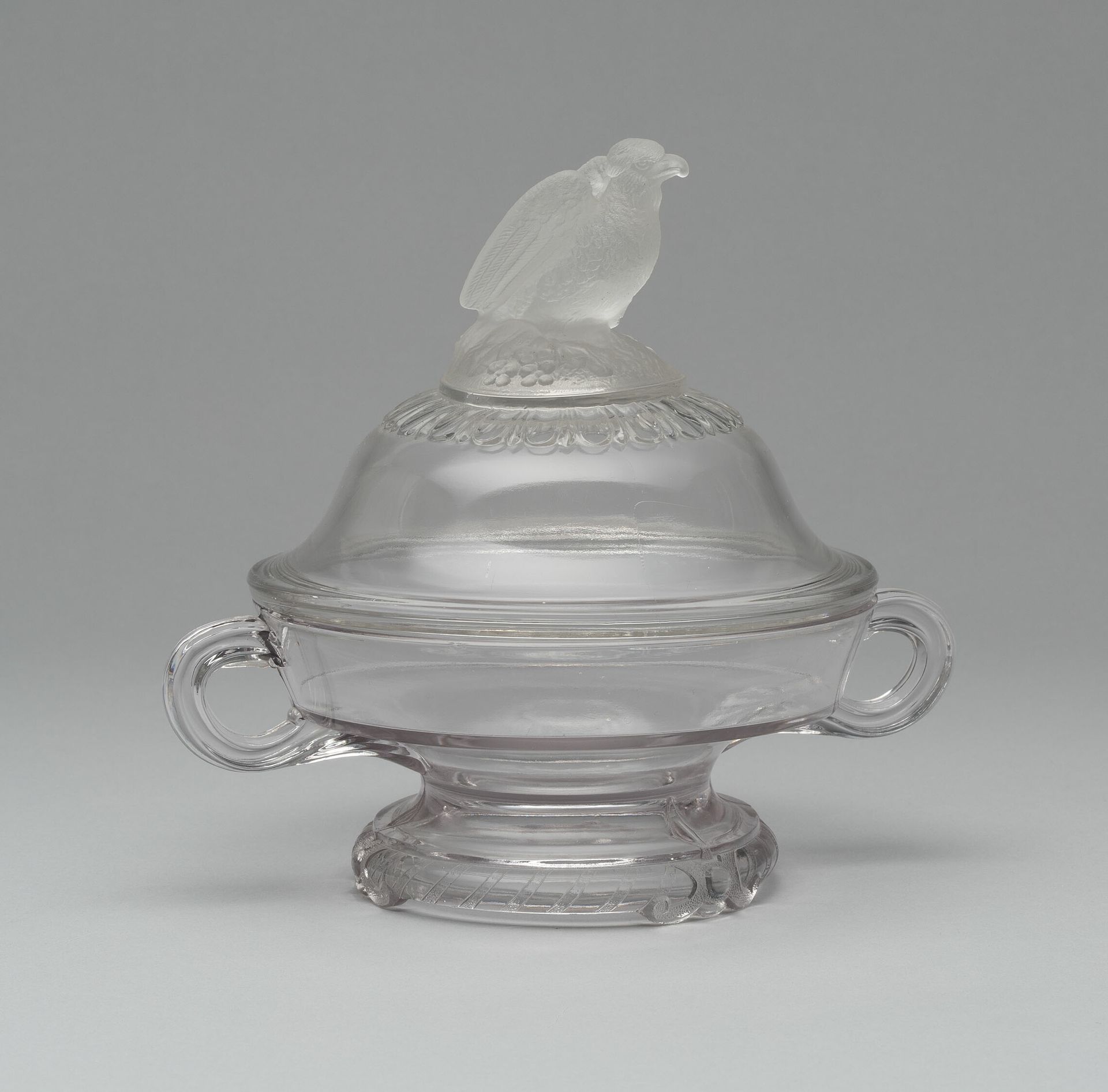 "Old Abe/Frosted Eagle" covered footed dish by Crystal Glass Company