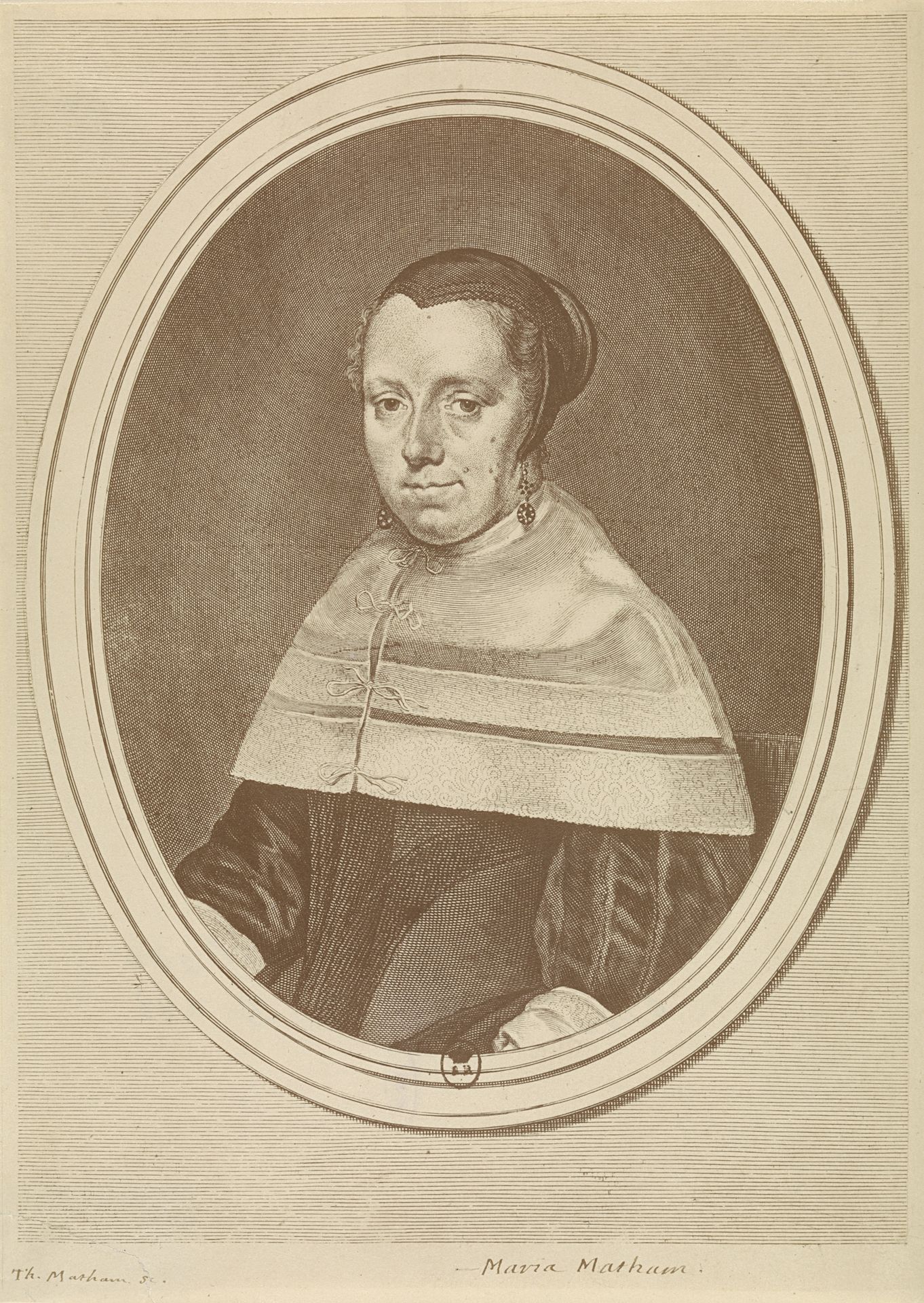Vrouwenportret. Buste in ovaal, een weinig links gewend, met zwart kapje op, een grooten linnen met kant omzoomden kraag om, en met hangers in de ooren by Theodor Matham