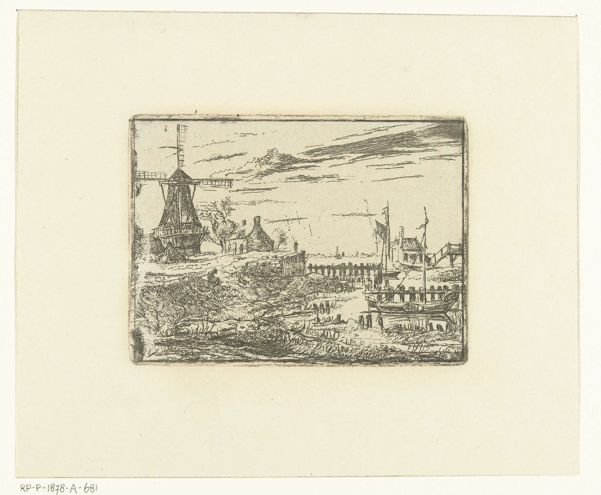 Landschap met molen en schip in haven by Albertus Brondgeest