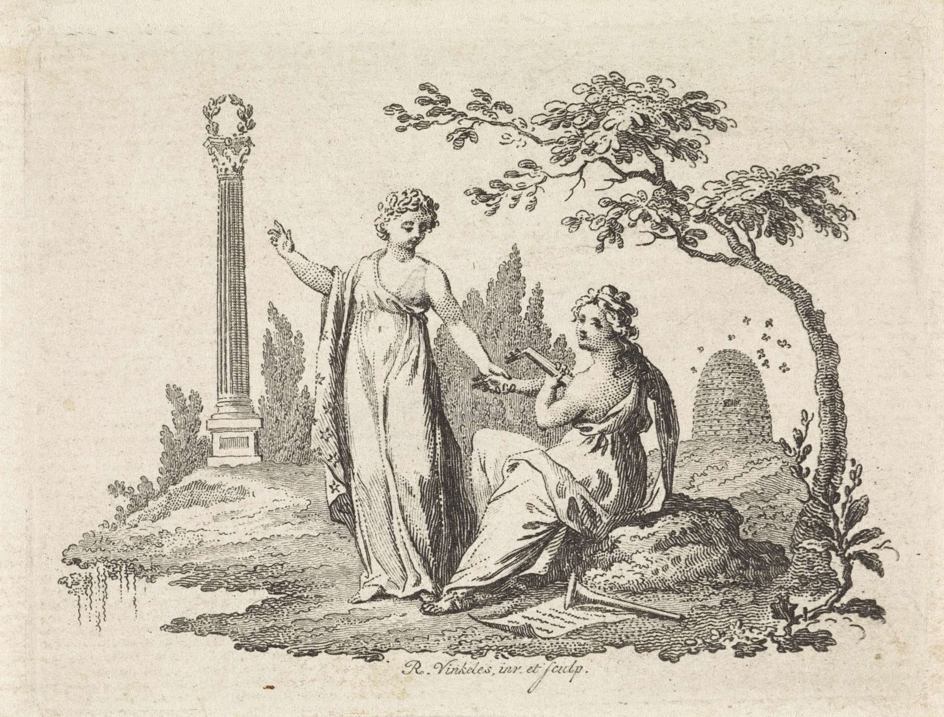Landschap met een luitspelende vrouw en een vrouw die naar een klassieke zuil wijst by Reinier Vinkeles