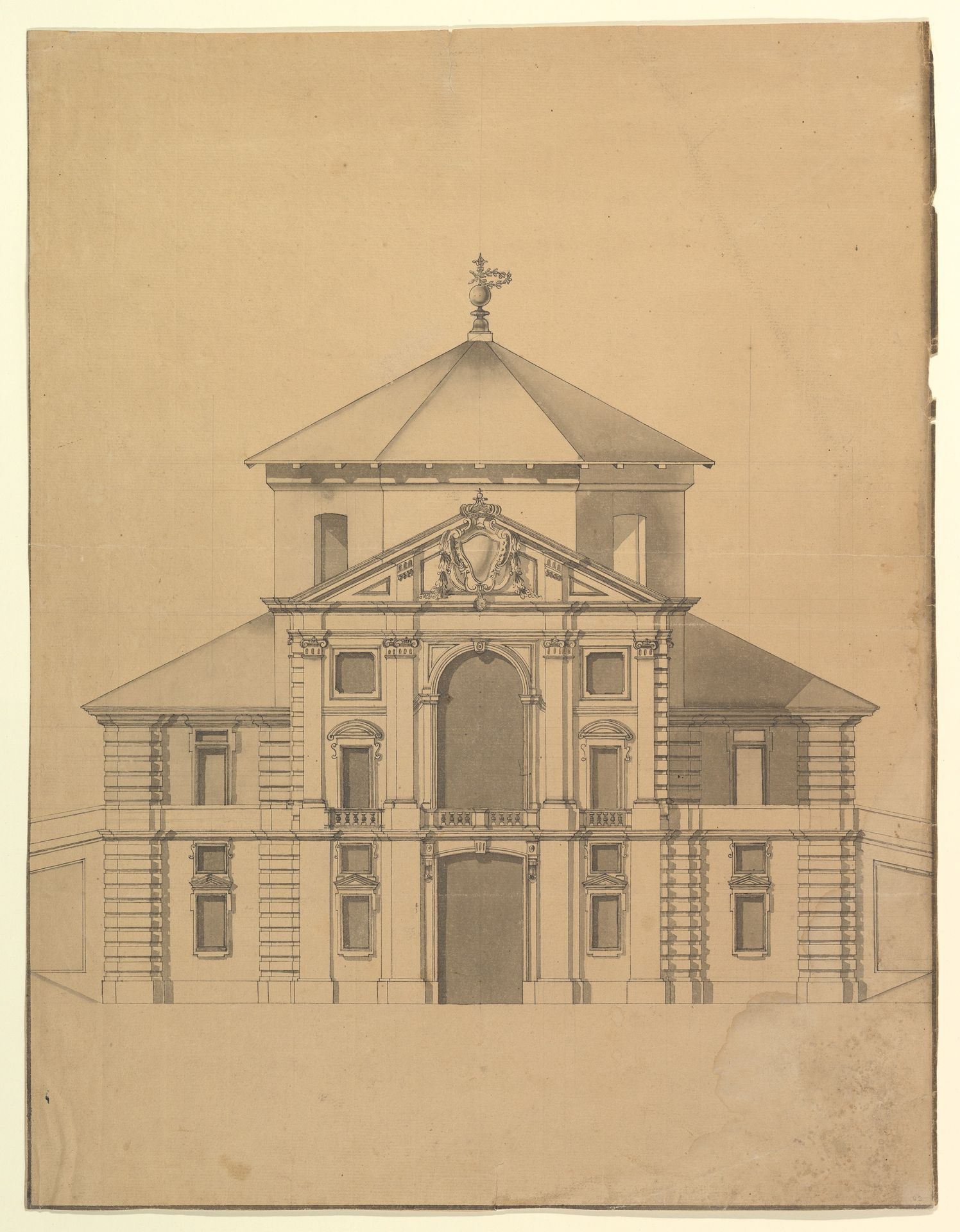 Elevation for a Building with an Octogonal Cupola and two stoy Pendimenting Facades by Anonymous