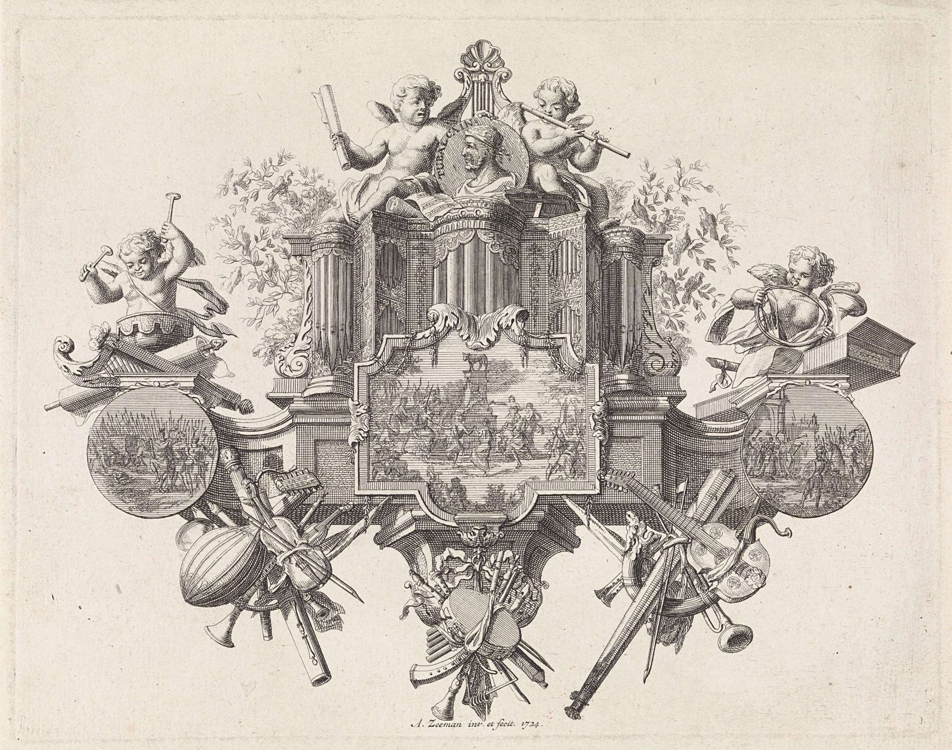 Allegorische voorstelling over muziek rond het portret van Tubal-Kaïn by Abraham Zeeman