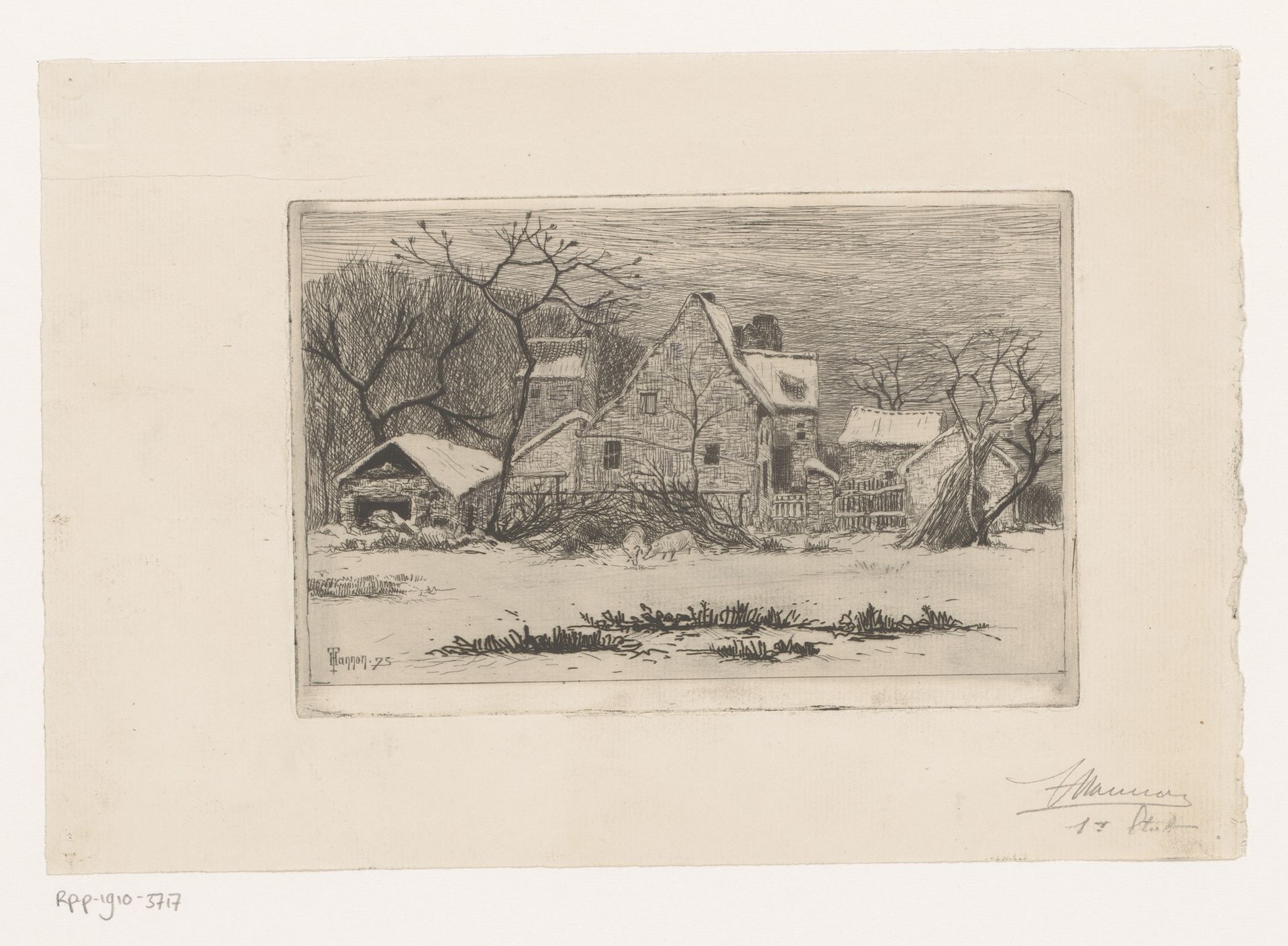 Wintergezicht met boerderij met twee varkens by Theodoor Hannon