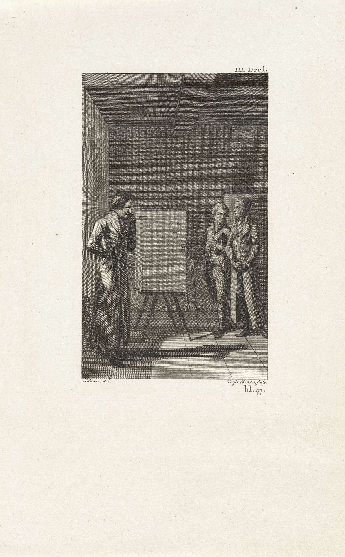 Drie heren bij een kluis by Joannes Pieter Visser Bender